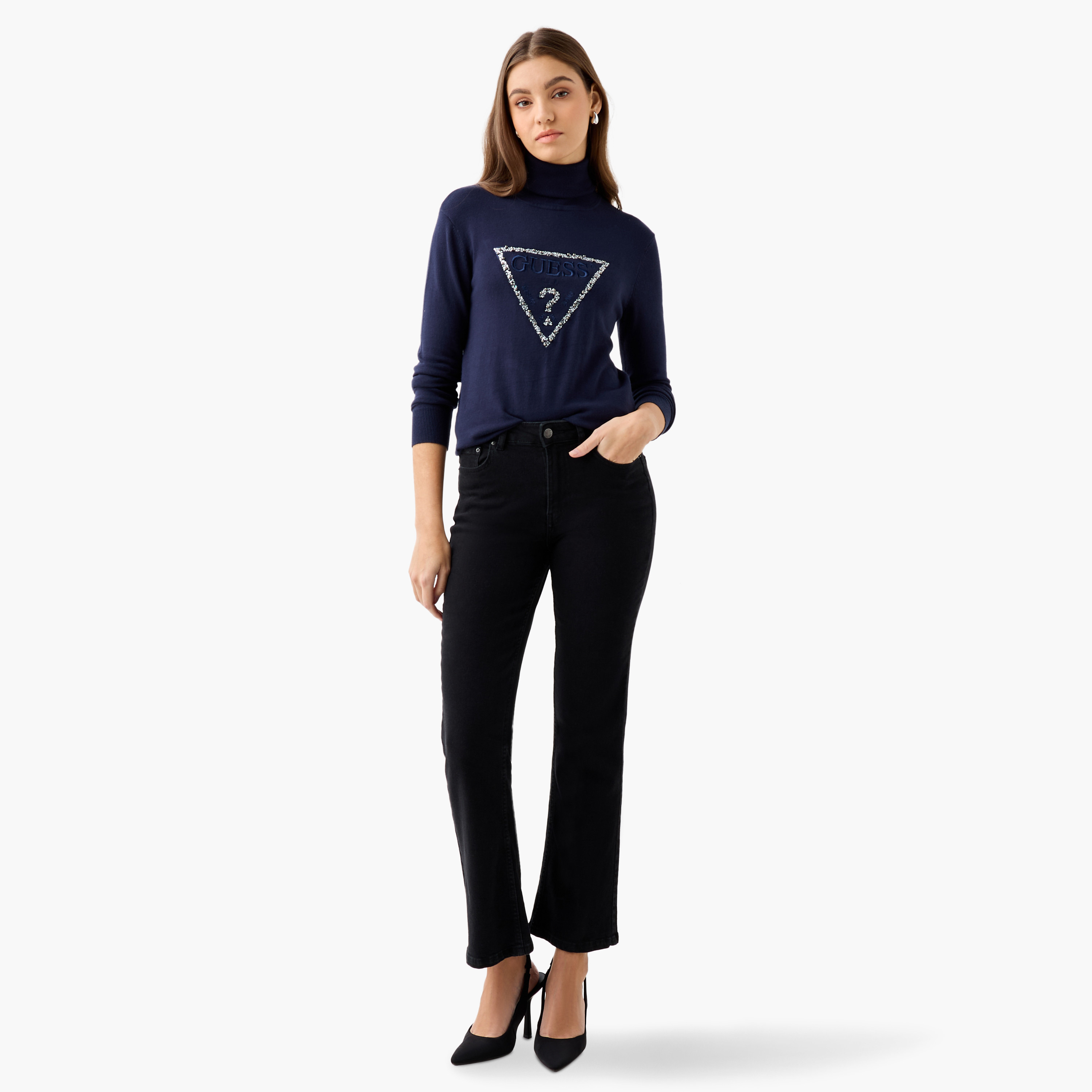 Guess Logo Embroidered Turtle Neck Sweatshirt with Long Sleeves-women-winterwear-hoodiesandsweatshirts-sweatshirts-image-2