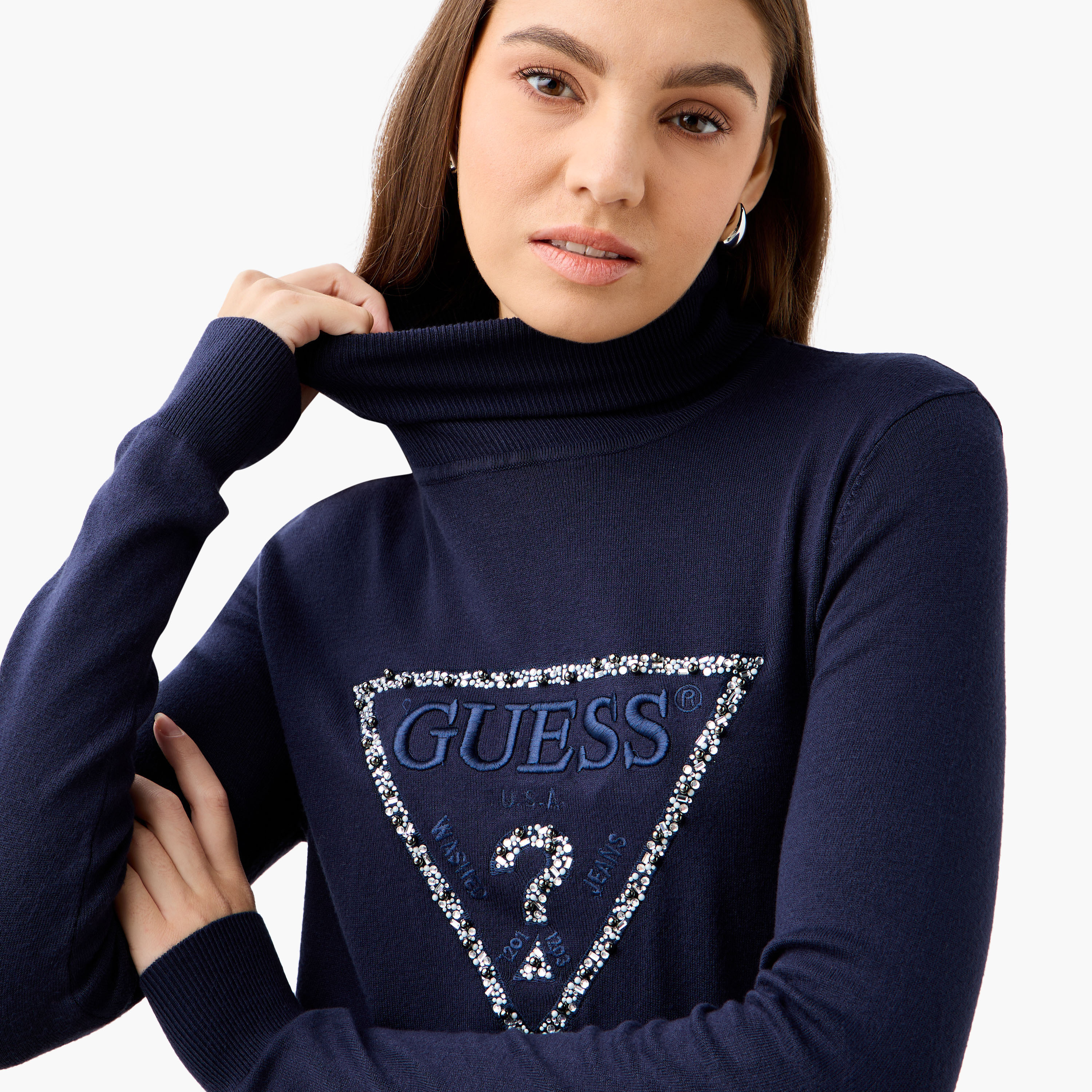 Guess Logo Embroidered Turtle Neck Sweatshirt with Long Sleeves-women-winterwear-hoodiesandsweatshirts-sweatshirts-image-4