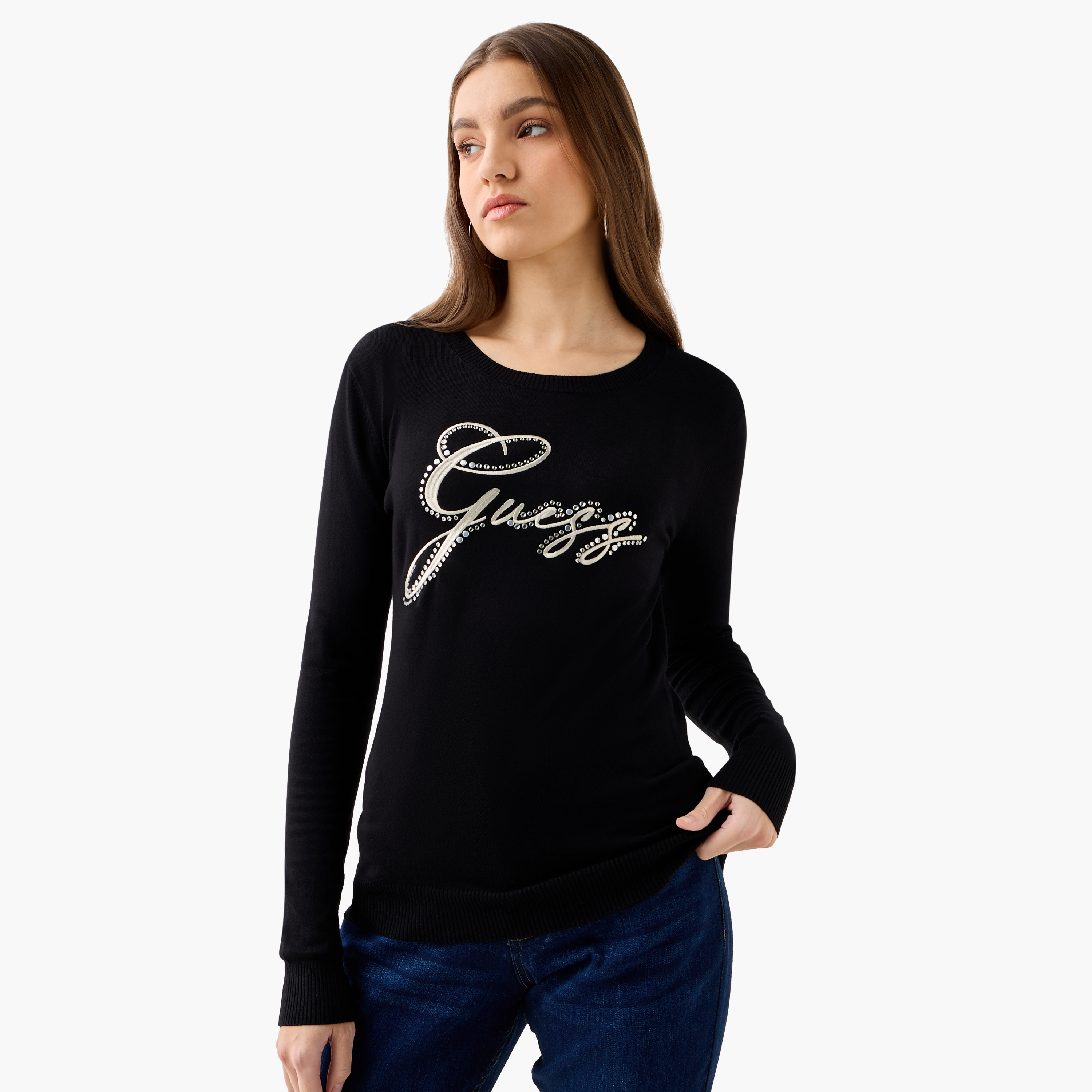 Guess Logo Embroidered Sweatshirt with Long Sleeves-women-winterwear-hoodiesandsweatshirts-sweatshirts-image-1