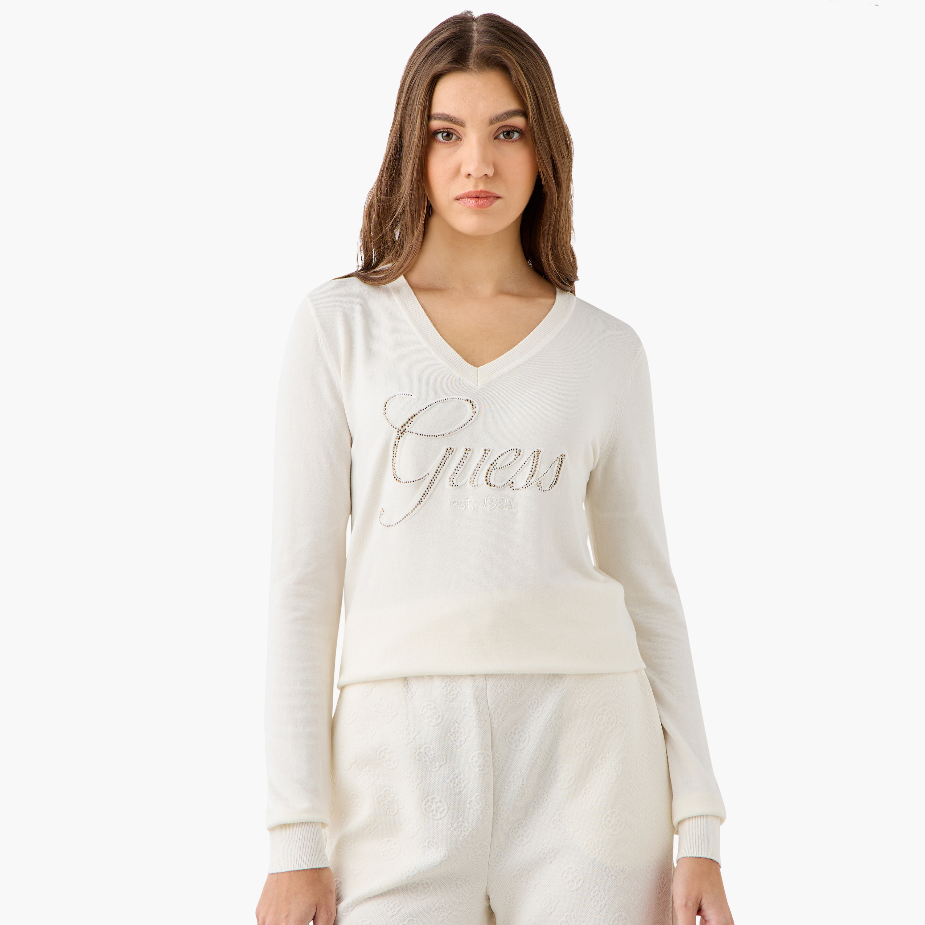 Guess Logo Embroidered Sweatshirt with V-neck and Long Sleeves-women-winterwear-hoodiesandsweatshirts-sweatshirts-image-1