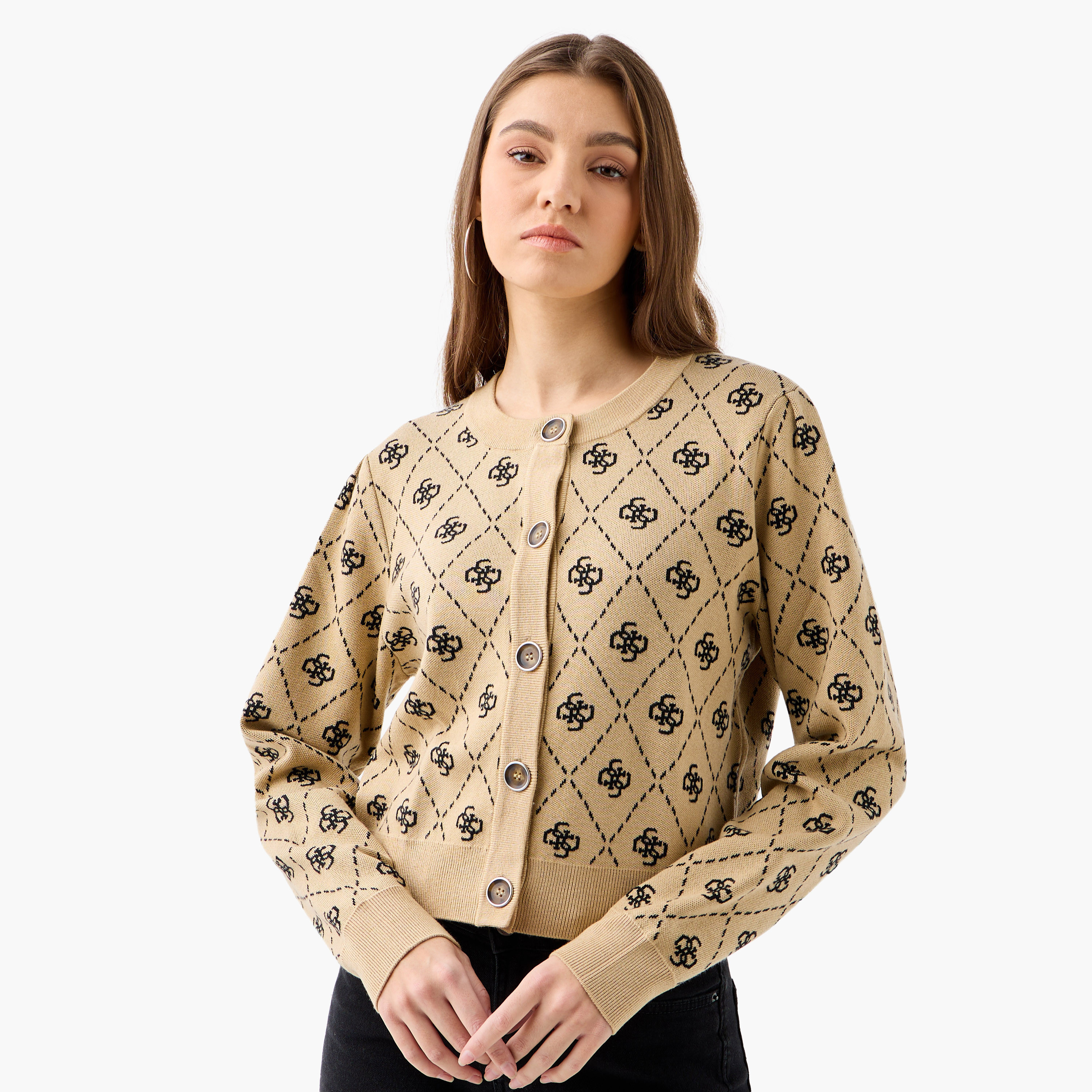 Guess All-Over Monogram Detail Button Through Cardigan with Long Sleeves-women-winterwear-cardigansandjumpers-cardigans-image-1