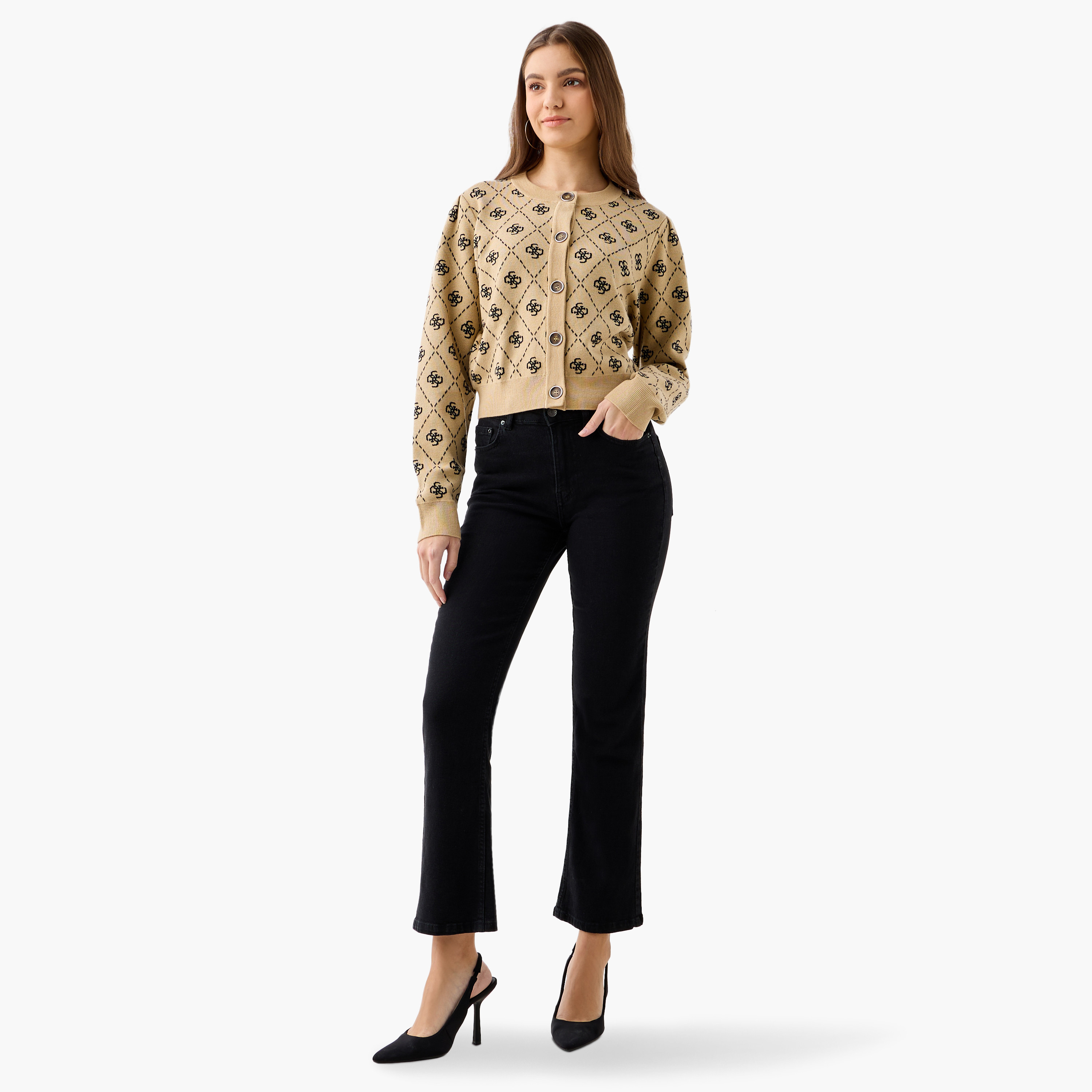 سترة كارديجان بإغلاق أزرار وأكمام طويلة وتفاصيل مونوجرام من جيس-women-winterwear-cardigansandjumpers-cardigans-image-2