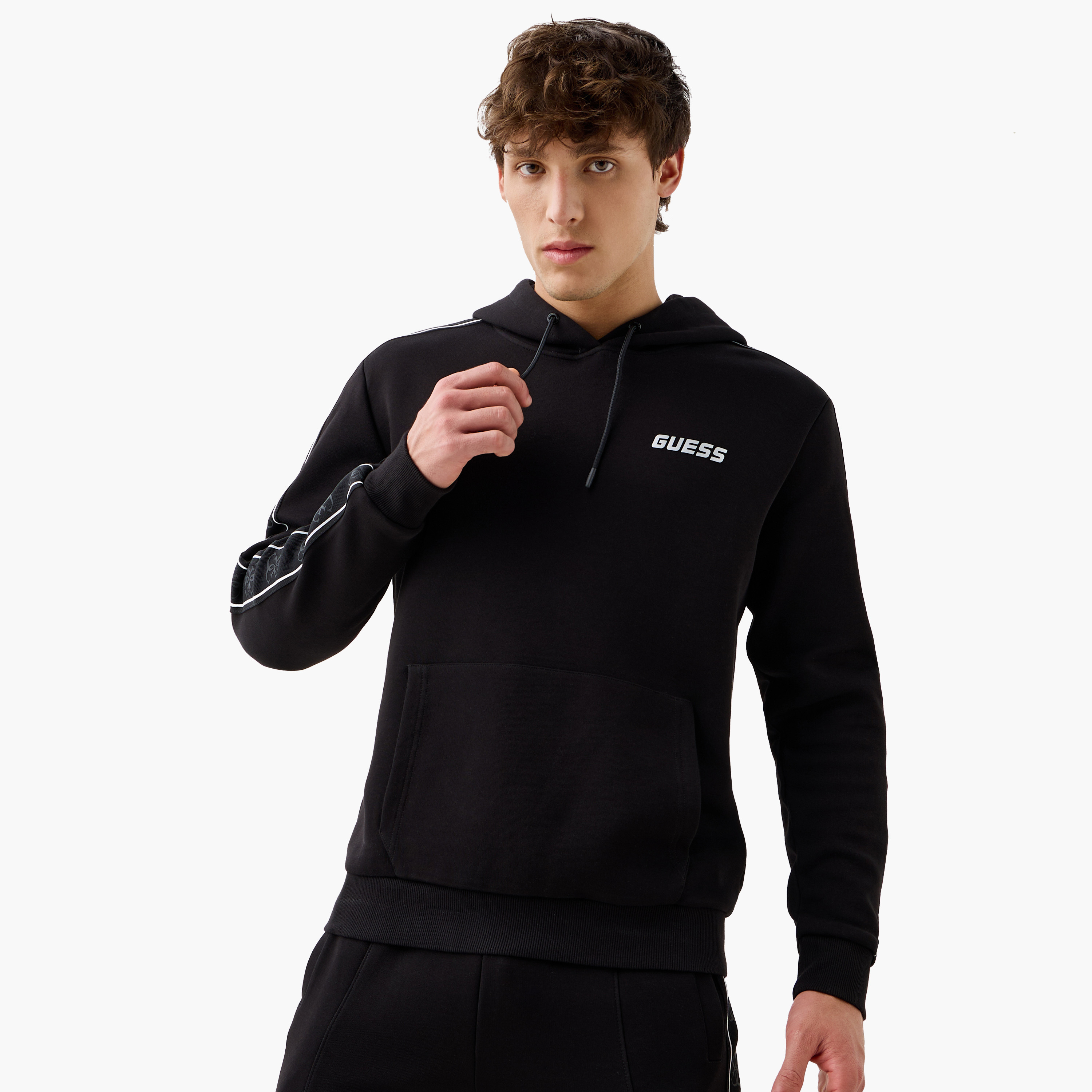 Guess Tape Detail Hoodie with Kangaroo Pocket and Long Sleeves-men-winterwear-hoodiesandsweatshirts-image-1