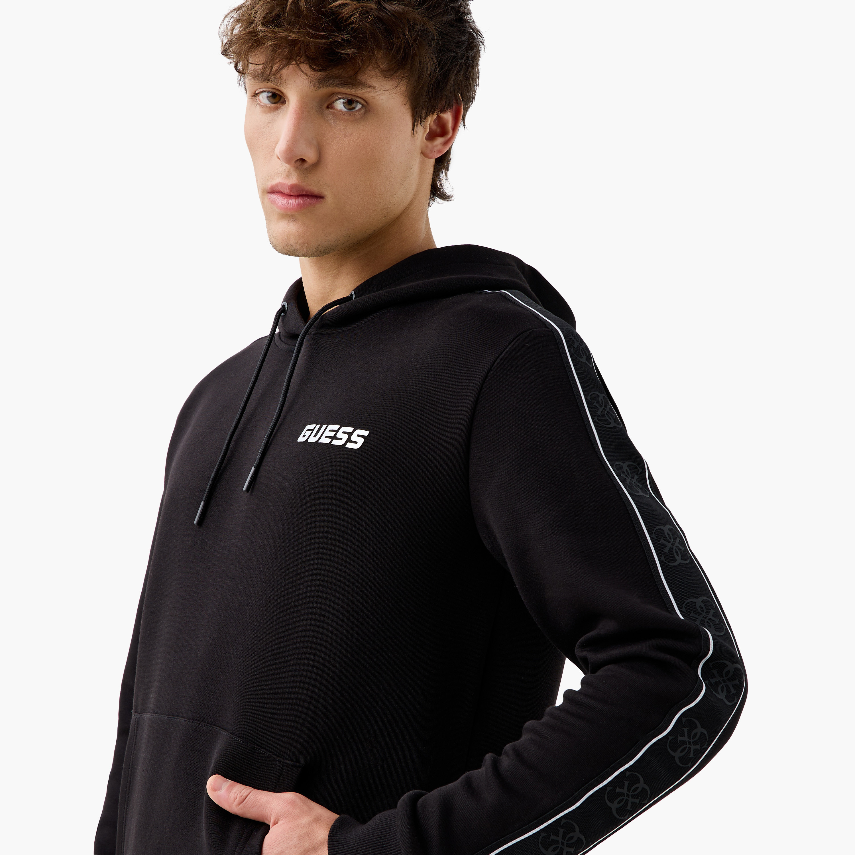 Guess Tape Detail Hoodie with Kangaroo Pocket and Long Sleeves-men-winterwear-hoodiesandsweatshirts-image-4
