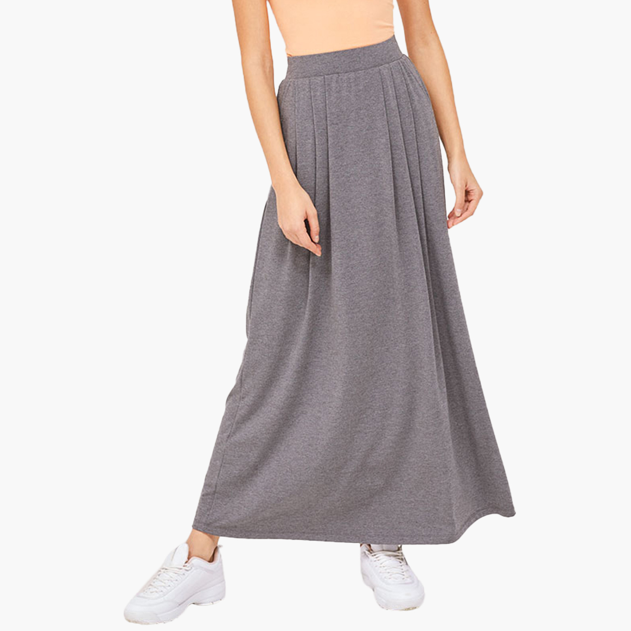 BlueAge Cotton Mix Solid Women Grey Maxi Skirt