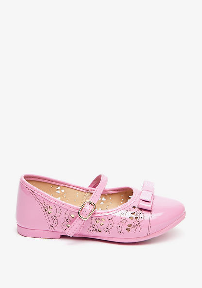 Kidy Cutwork Round Toe Ballerinas with Bow Accent and Buckle Closure-Girl%27s Ballerinas-image-0