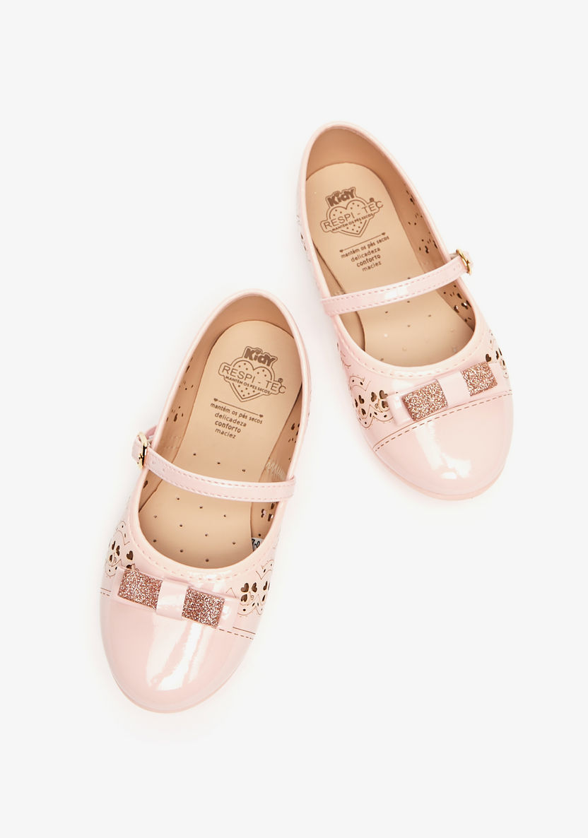 Kidy Cutwork Round Toe Ballerinas with Bow Accent and Buckle Closure-Girl%27s Ballerinas-image-1