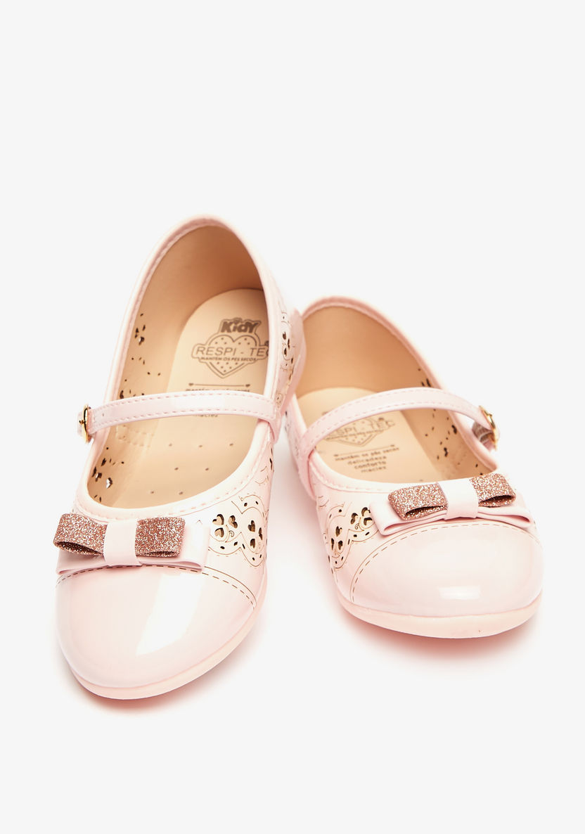 Kidy Cutwork Round Toe Ballerinas with Bow Accent and Buckle Closure-Girl%27s Ballerinas-image-3