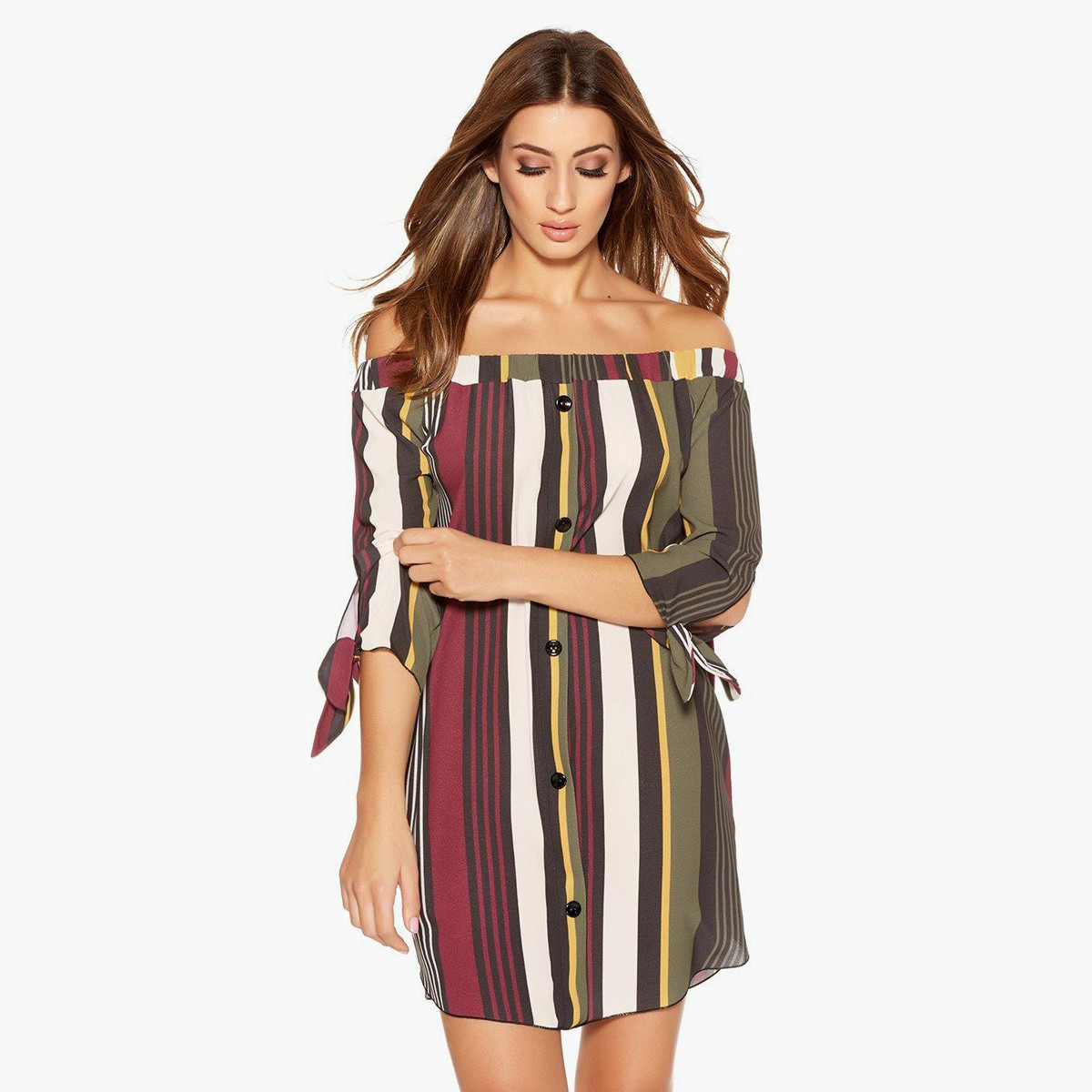 فستان قميص قصير مخطّط مكشوف الأكتاف بأكمام 3/4 من كويز-women-clothing-dresses-image-3