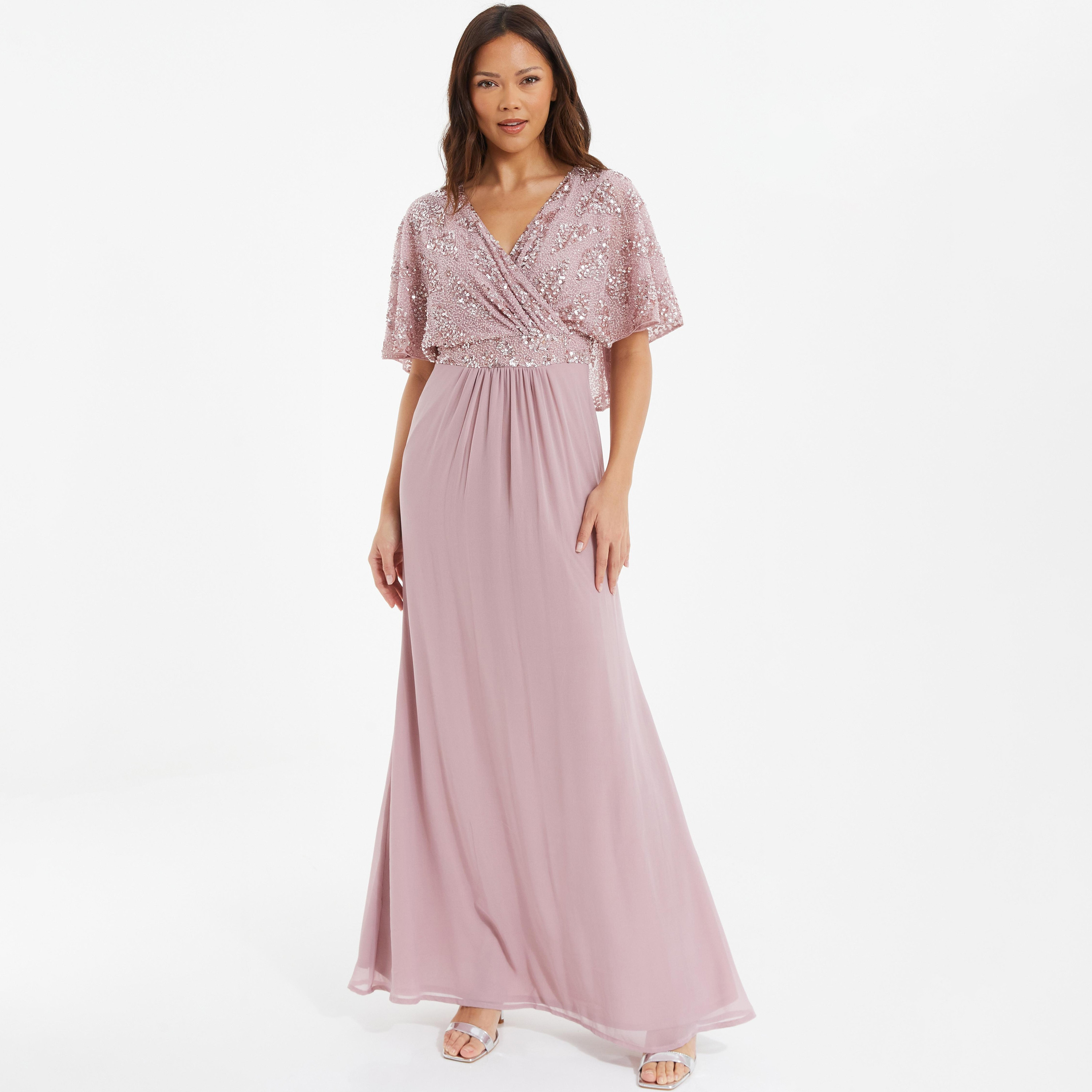 فستان سهرة بأكمام كيب وردي ذو سكوينس من كويز مع شيفون-women-clothing-dresses-image-1