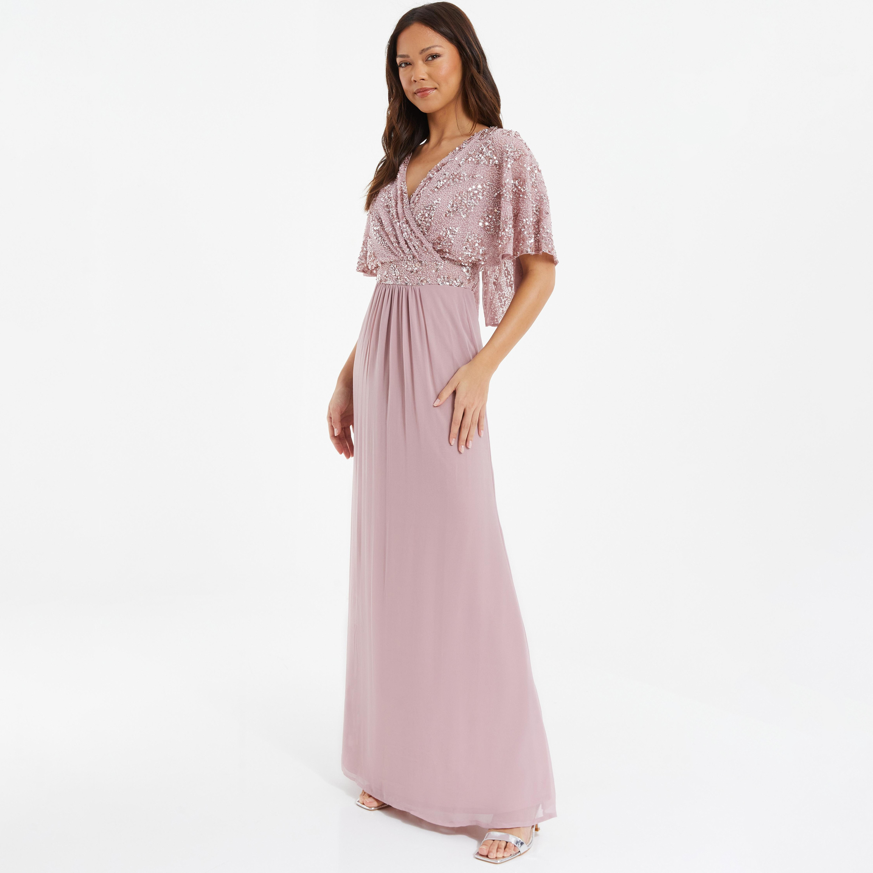 فستان سهرة بأكمام كيب وردي ذو سكوينس من كويز مع شيفون-women-clothing-dresses-image-2