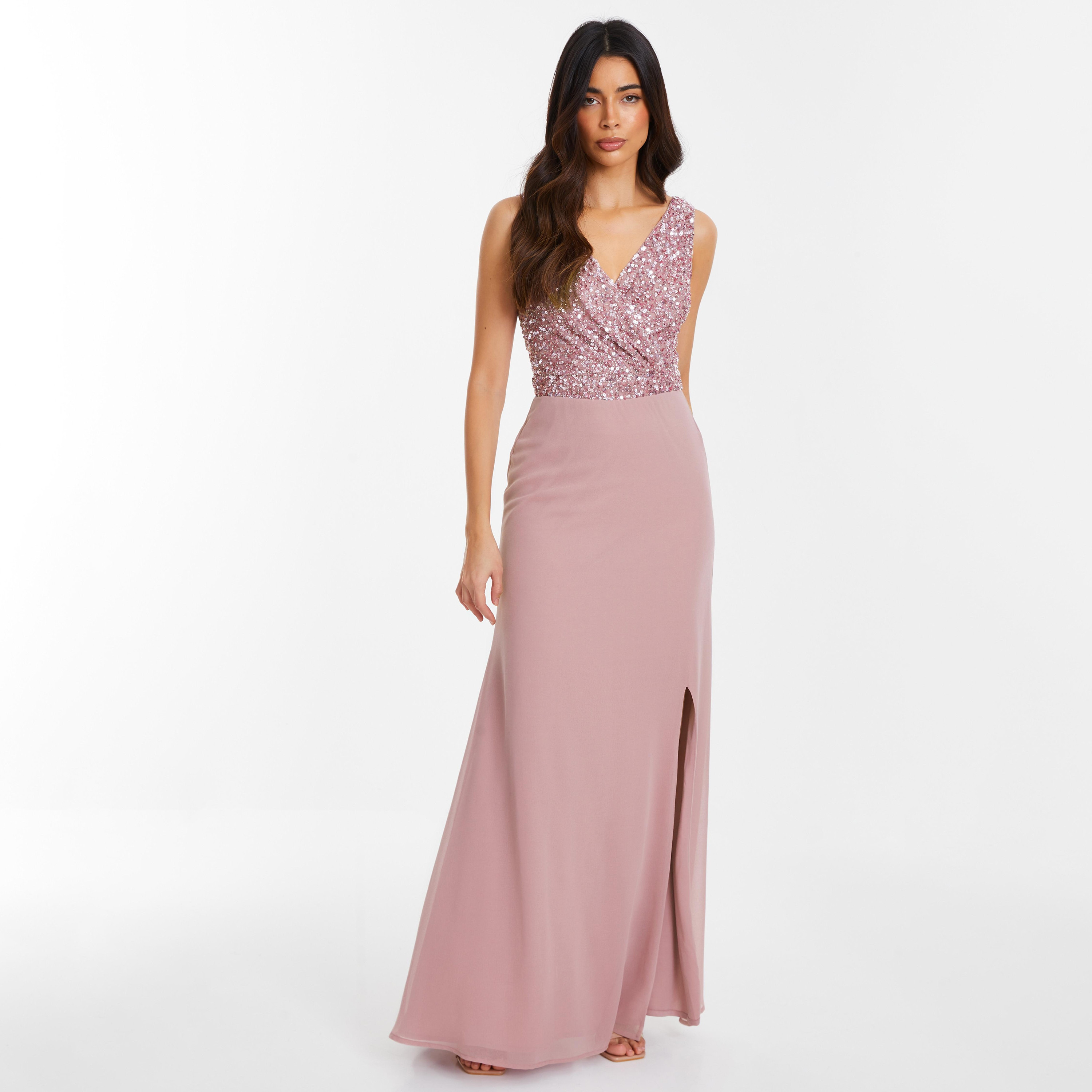 Buy Women s Quiz Pink Sequins Wrap Slit Evening Dress in Chiffon Online Centrepoint KSA