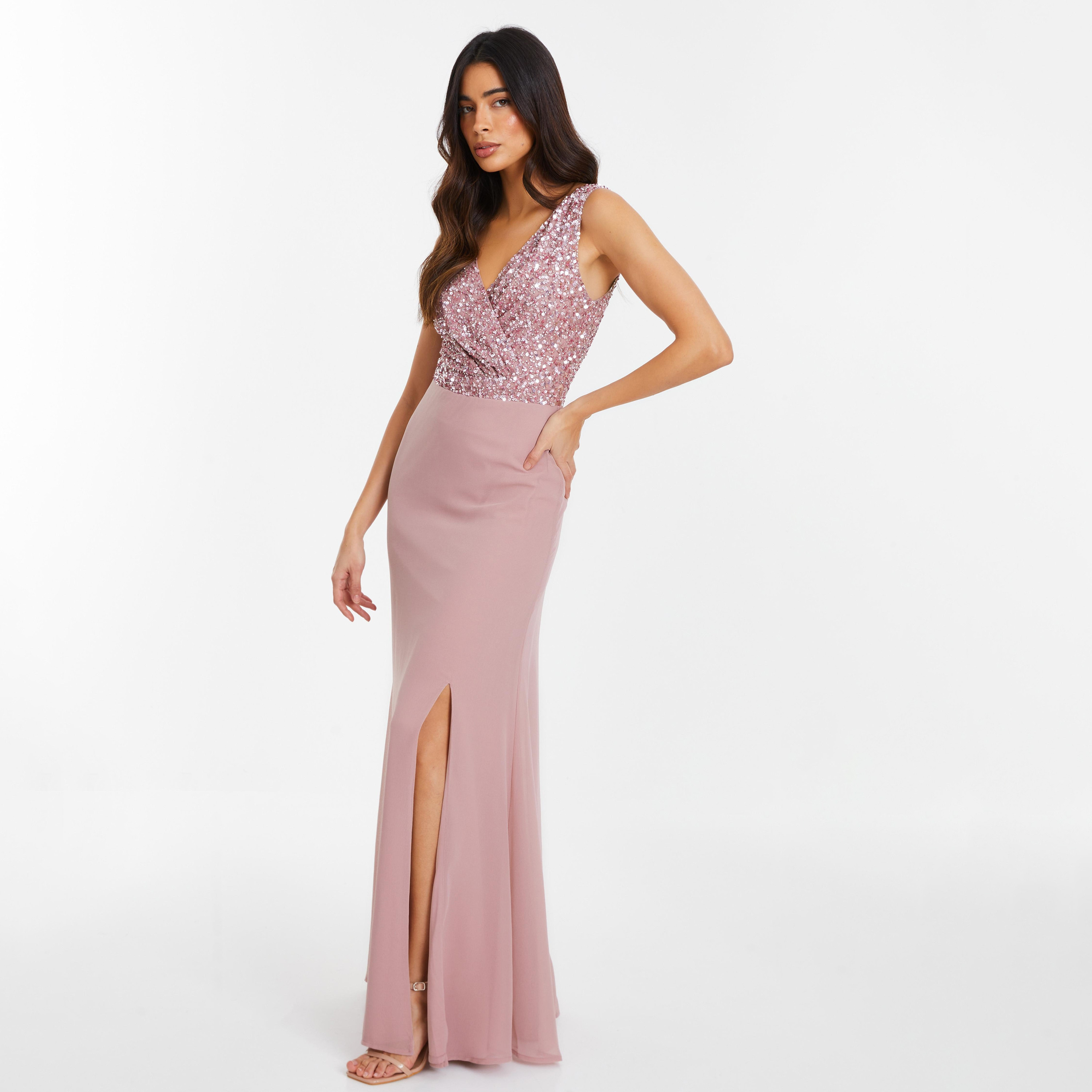 Quiz Pink Sequins Wrap Slit Evening Dress in Chiffon-women-clothing-dresses-image-2