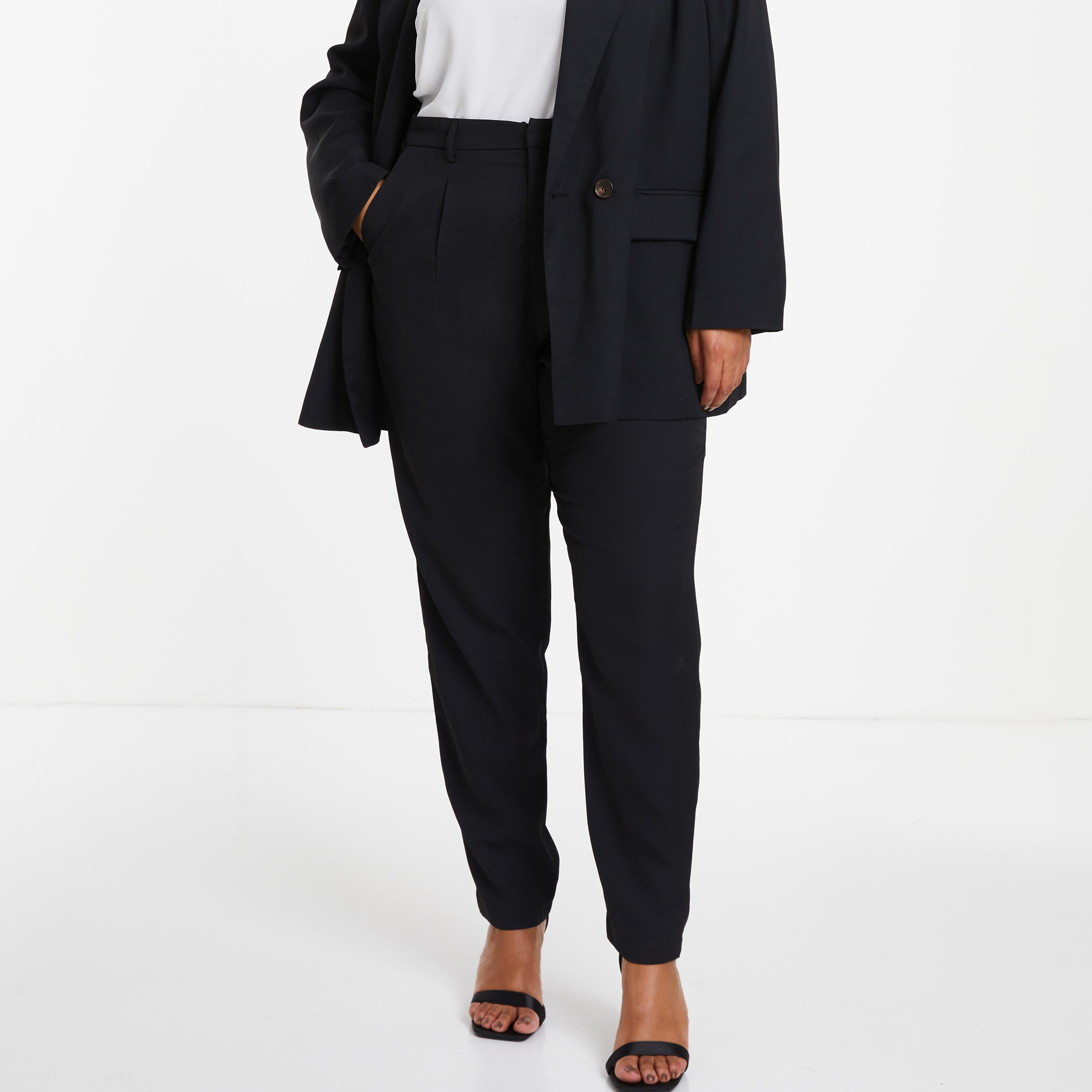 تراوزر سادة مرتفع الارتفاع ومُصمم بطيات أمامية من كويز-women-clothing-bottoms-trousers-image-1
