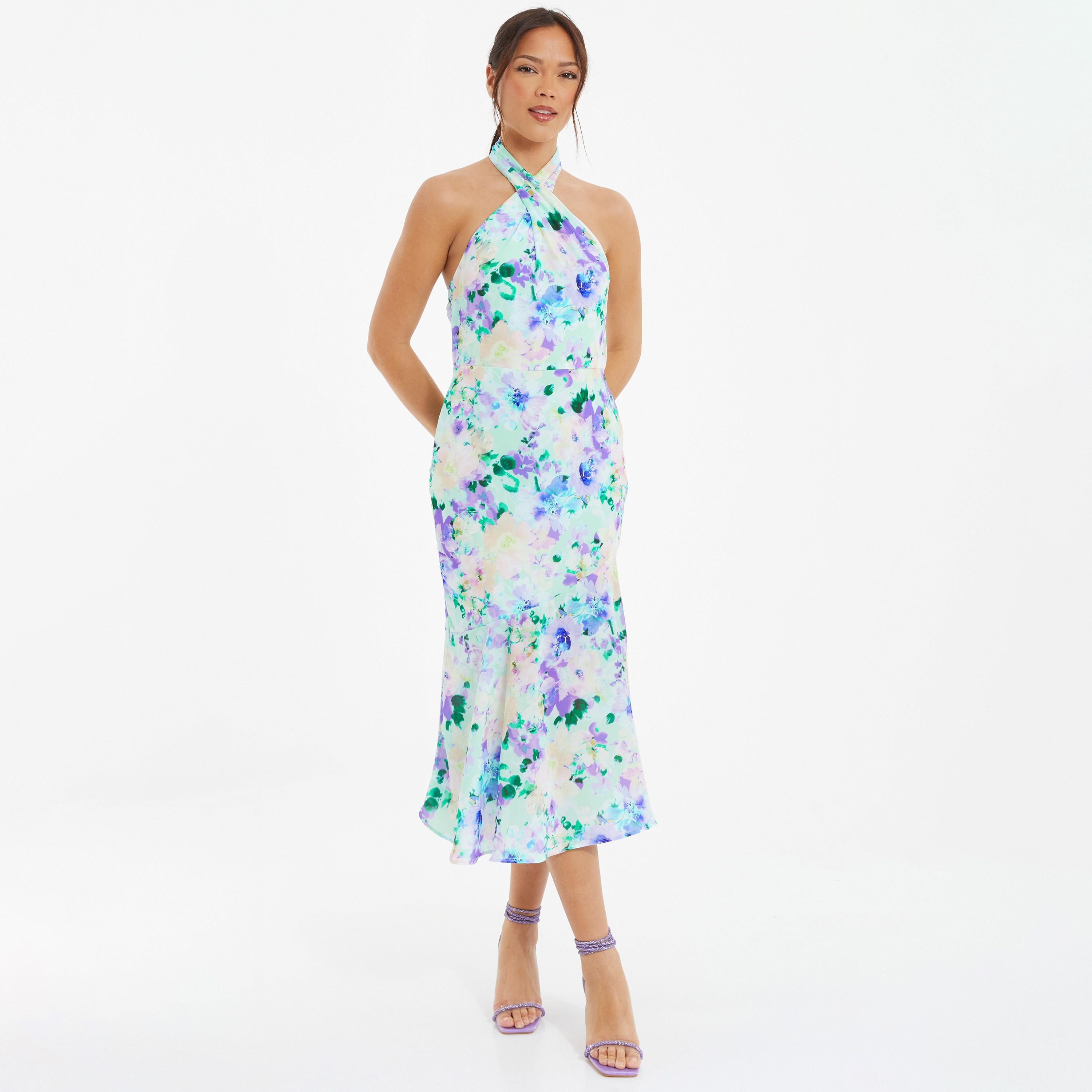 فستان ميدي مزين بالزهور من كويز برقبة ھالتر مع مصنوع من الكريب بمتعدد الألوان-women-clothing-dresses-image-1