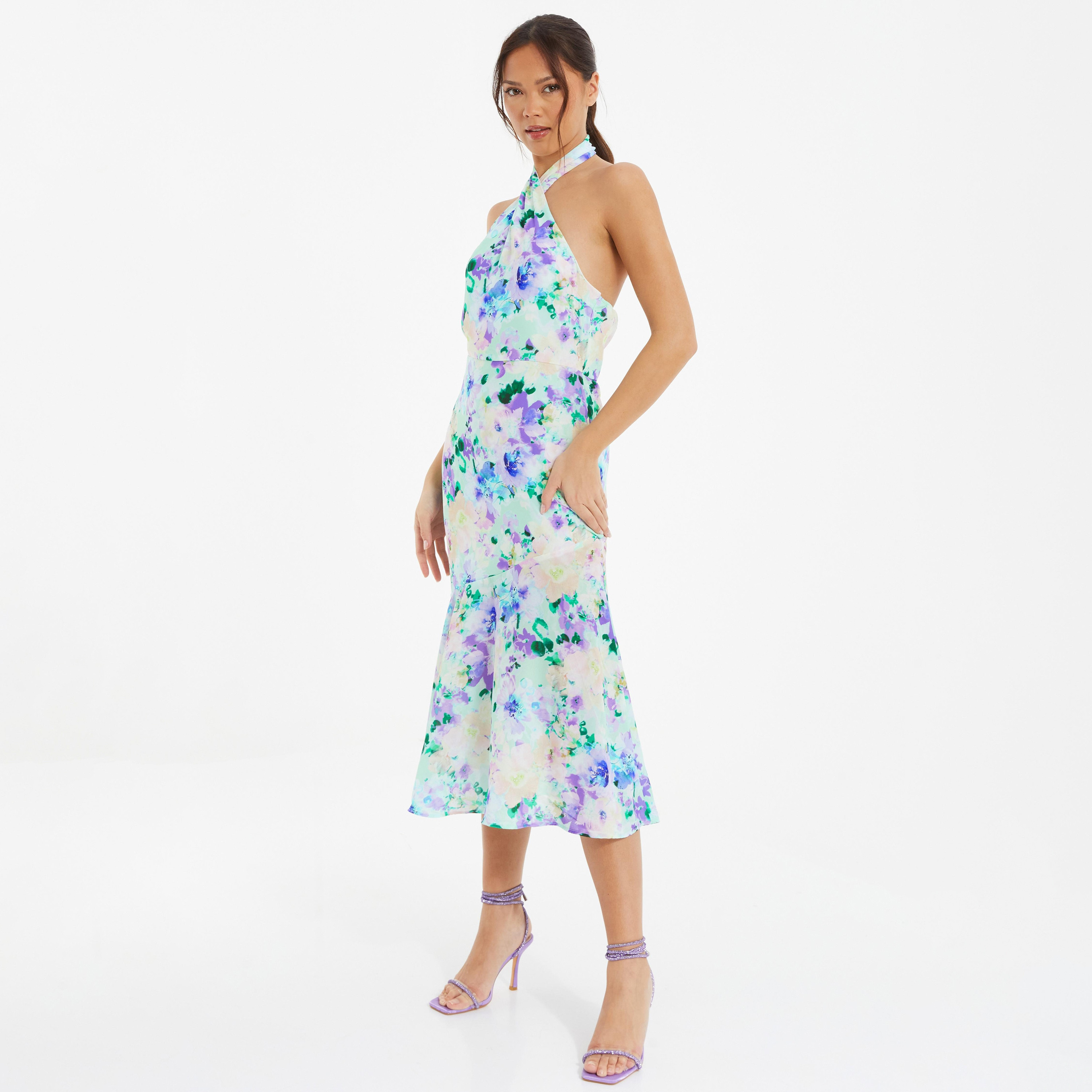 Quiz Multicolour Halter Neck Floral Midi Dress in Crepe-women-clothing-dresses-image-2