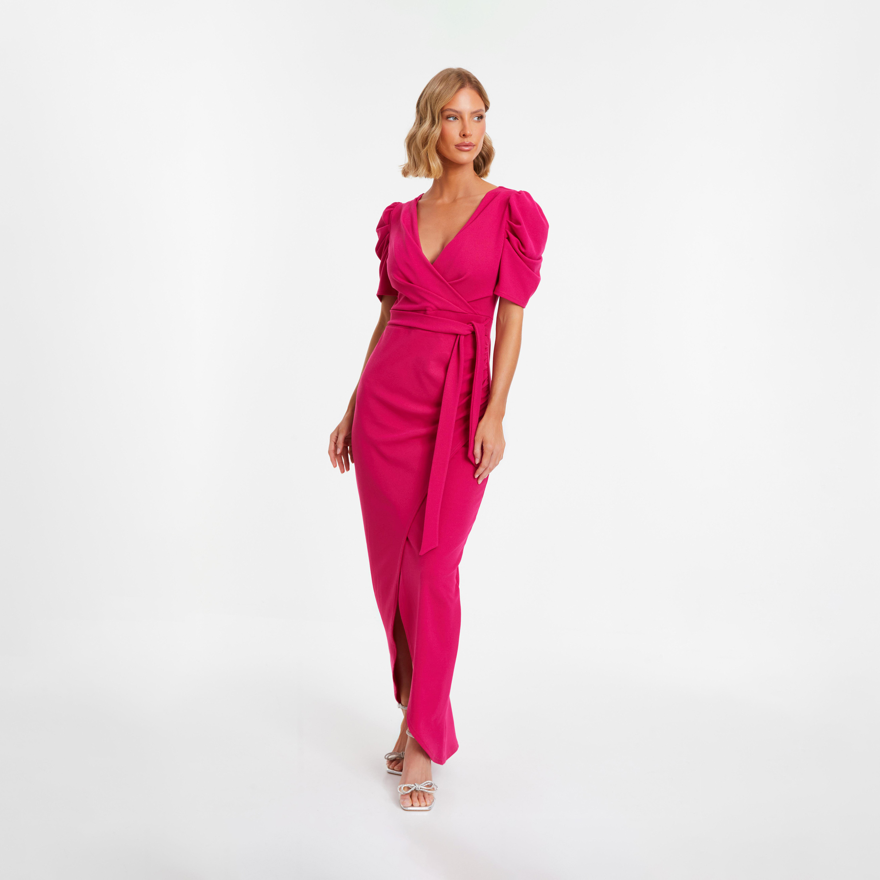 Quiz Fuschia Pink Scuba Crepe Puff Sleeve Evening Maxi Dress-women-clothing-dresses-image-1