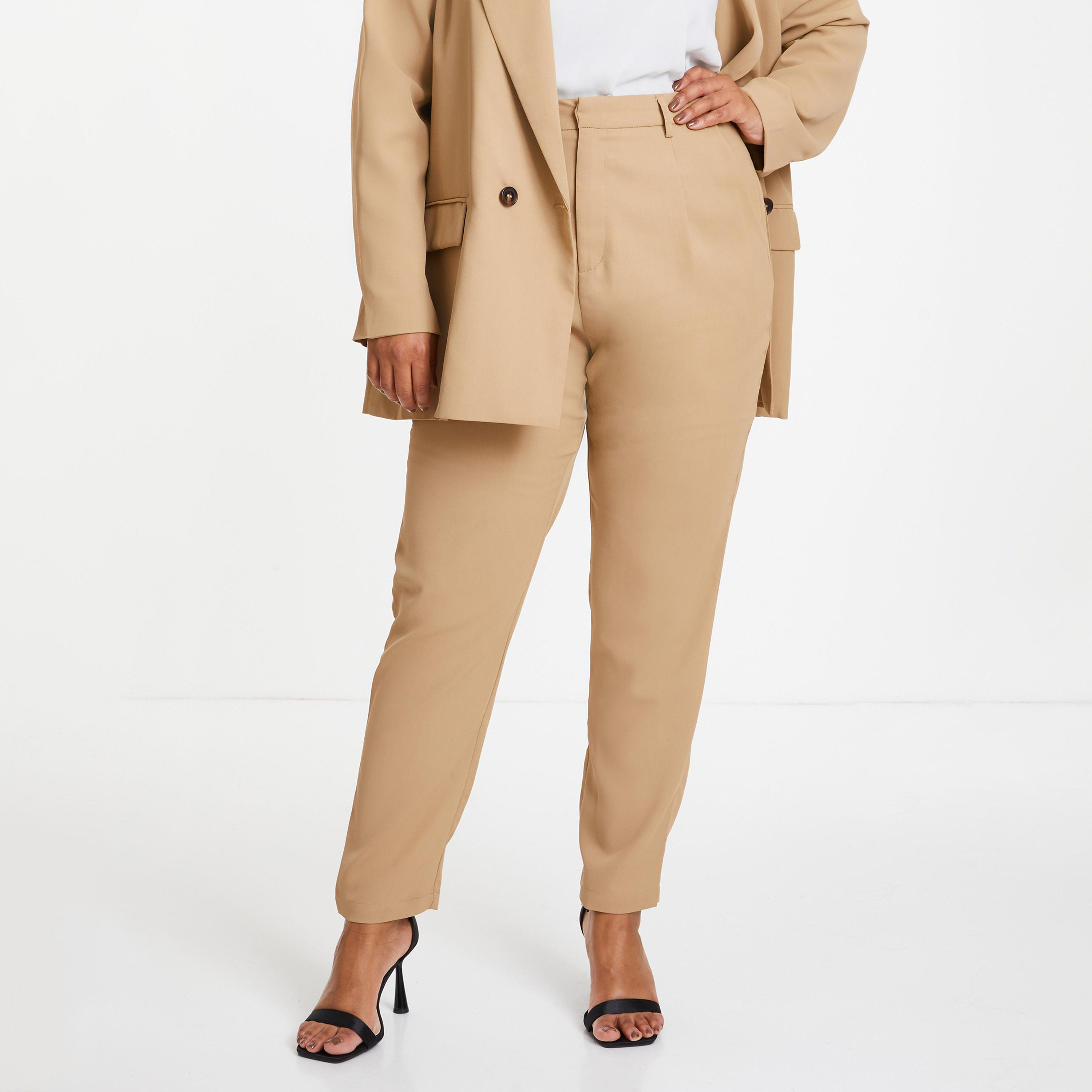 تراوزر سادة مرتفع الارتفاع ومُصمم بطيات أمامية من كويز-women-clothing-bottoms-trousers-image-1