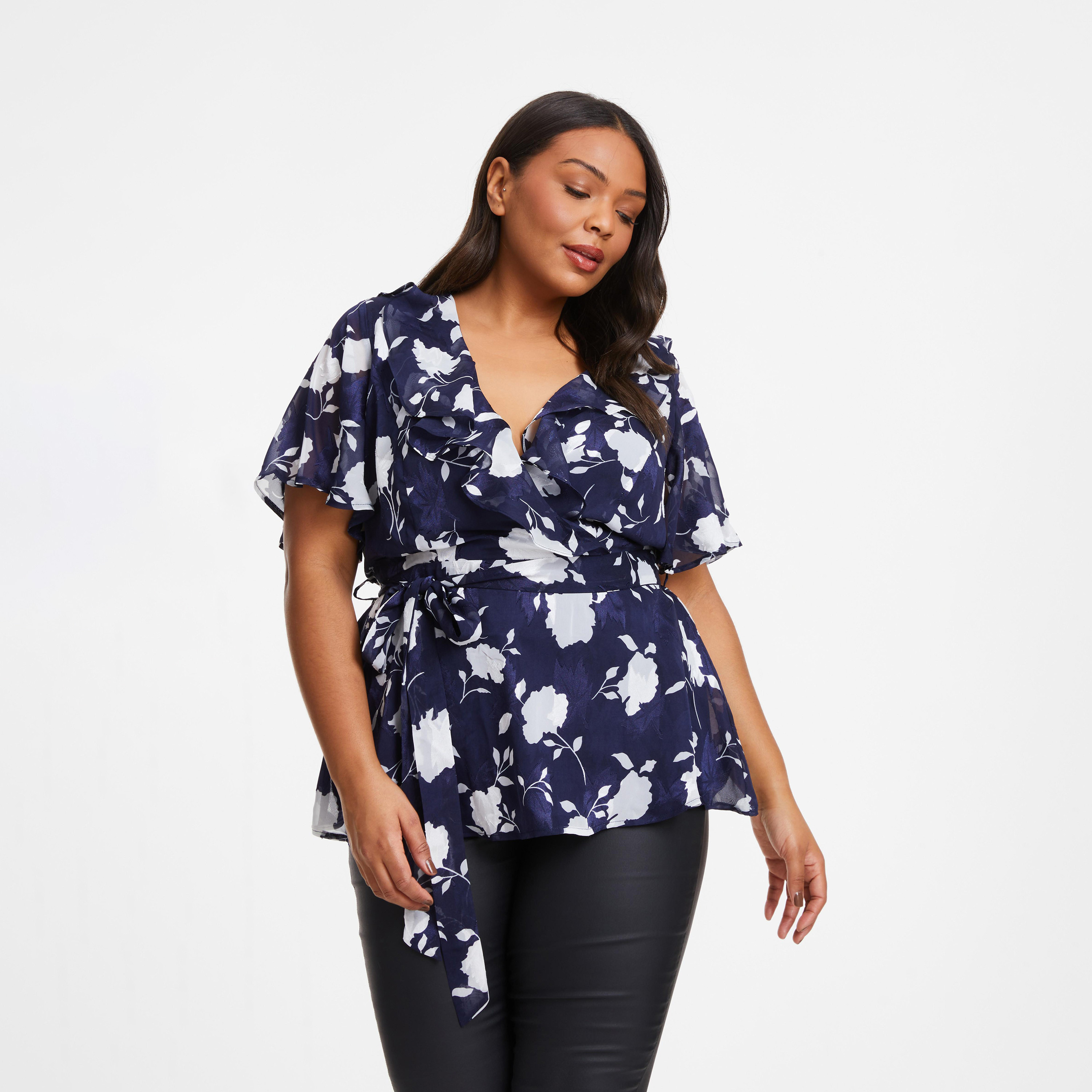 Quiz Curve Navy Floral V-Neck Peplum Top-women-clothing-shirtsandblouses-blouses-image-1