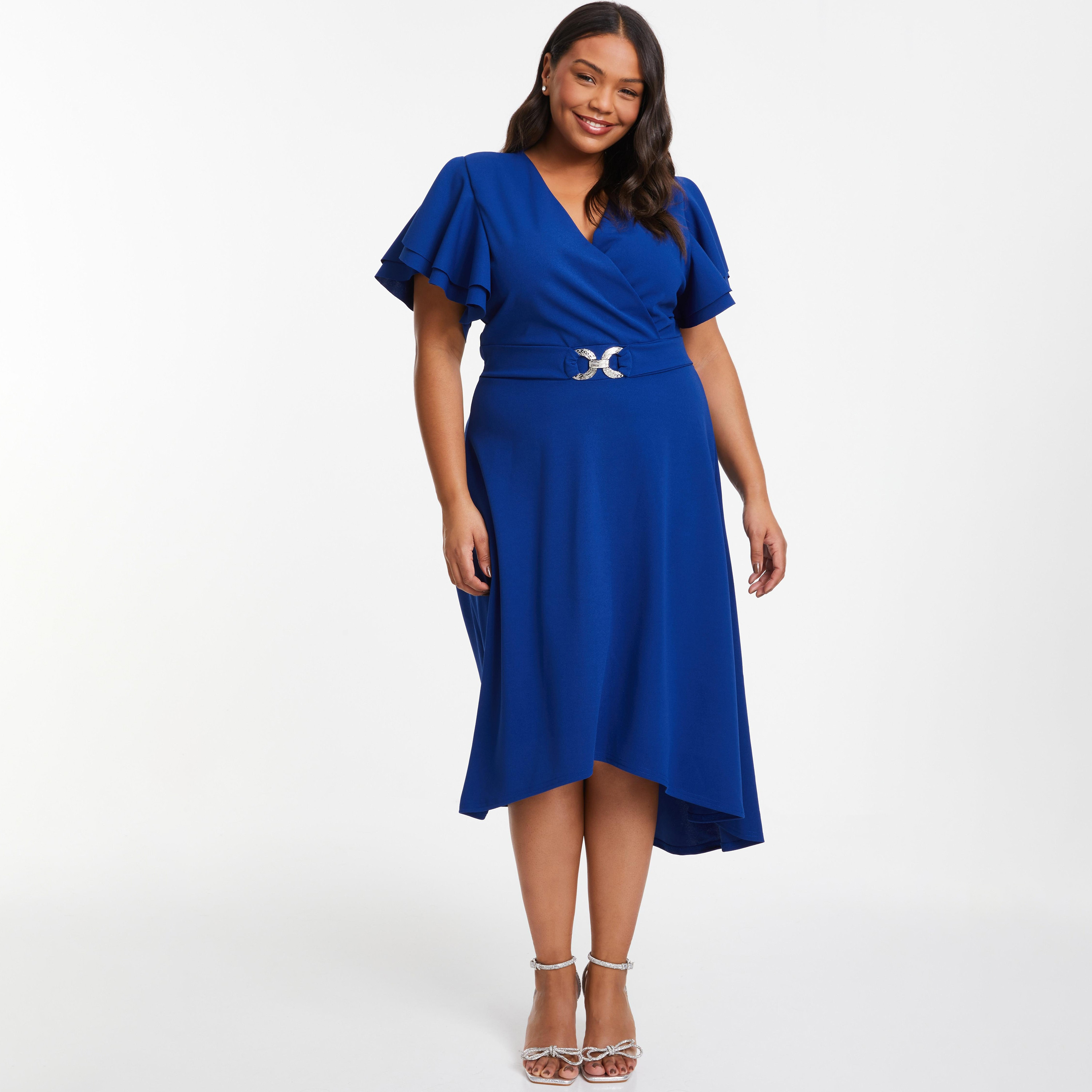 فستان ميدي ملفوف بأكمام واسعة باللون الأزرق الملكي من كويز مع كريب سكوبا-women-clothing-dresses-image-1