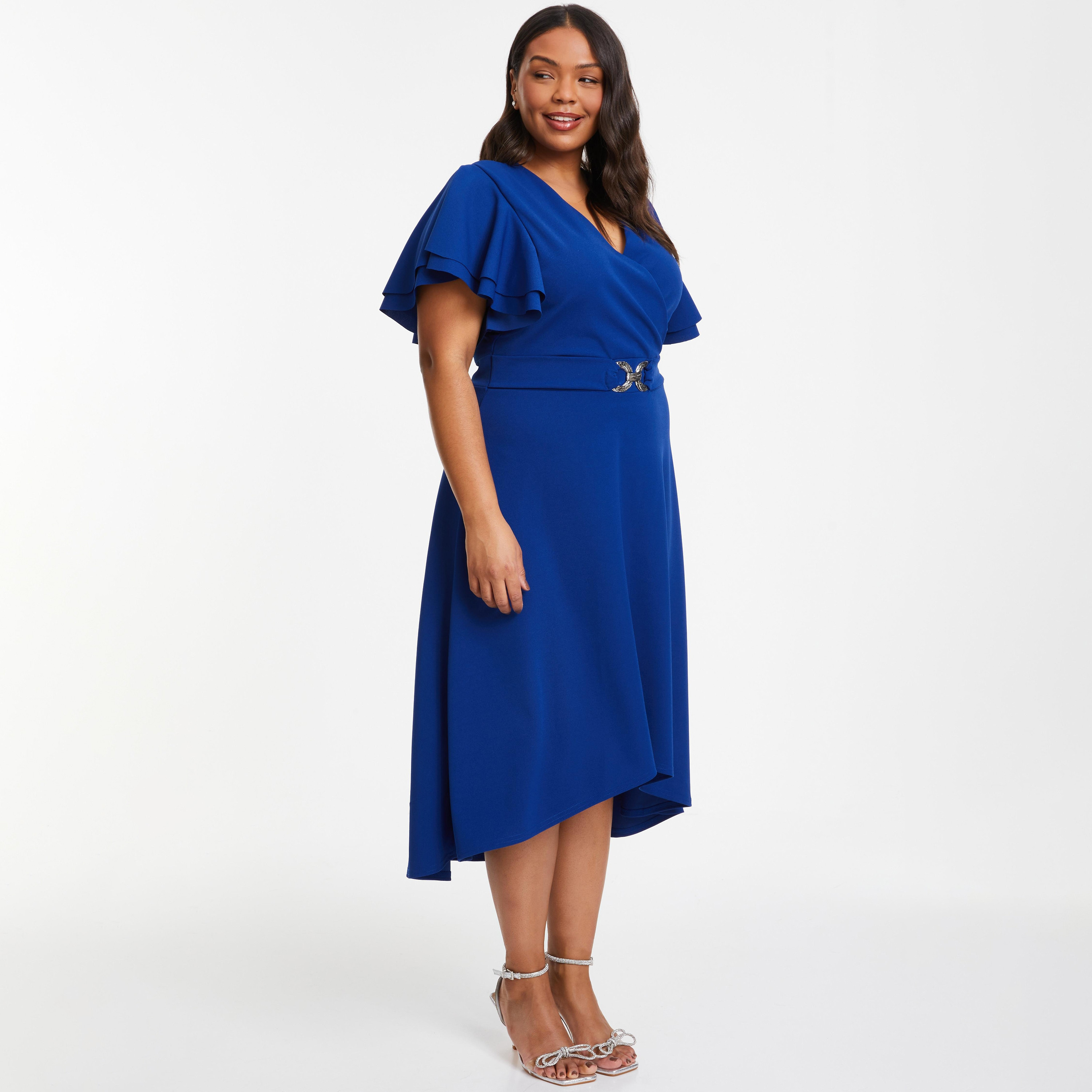 فستان ميدي ملفوف بأكمام واسعة باللون الأزرق الملكي من كويز مع كريب سكوبا-women-clothing-dresses-image-2
