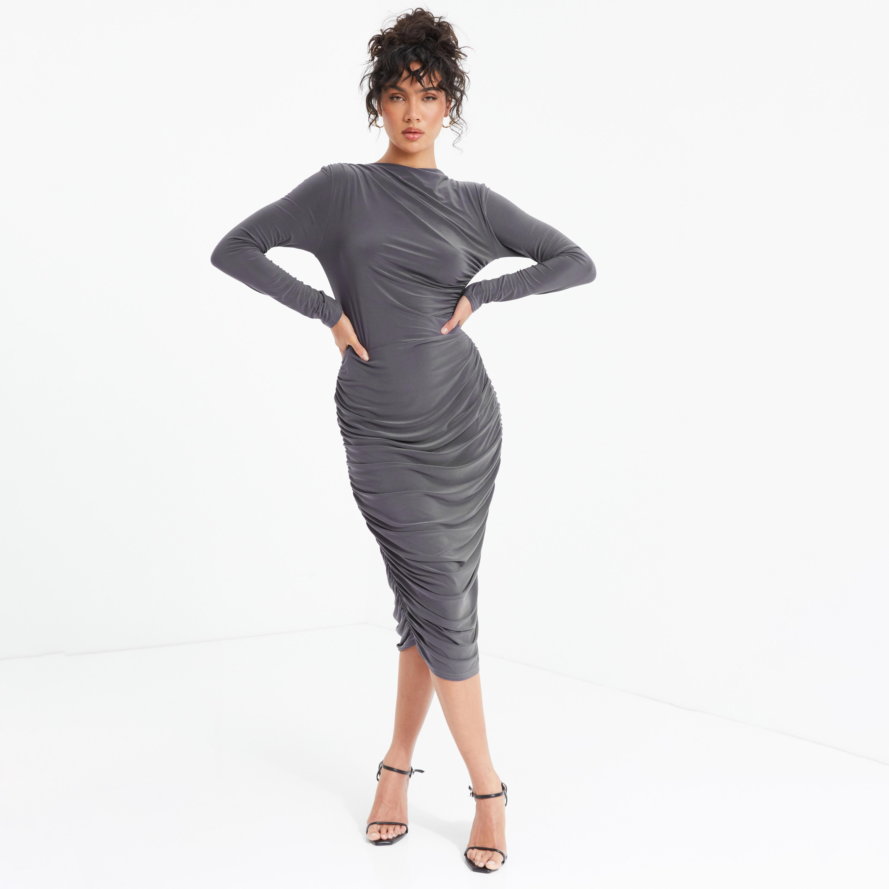 Quiz Dark Grey Ruched Bodycon Midi Dress-women-clothing-dresses-image-1