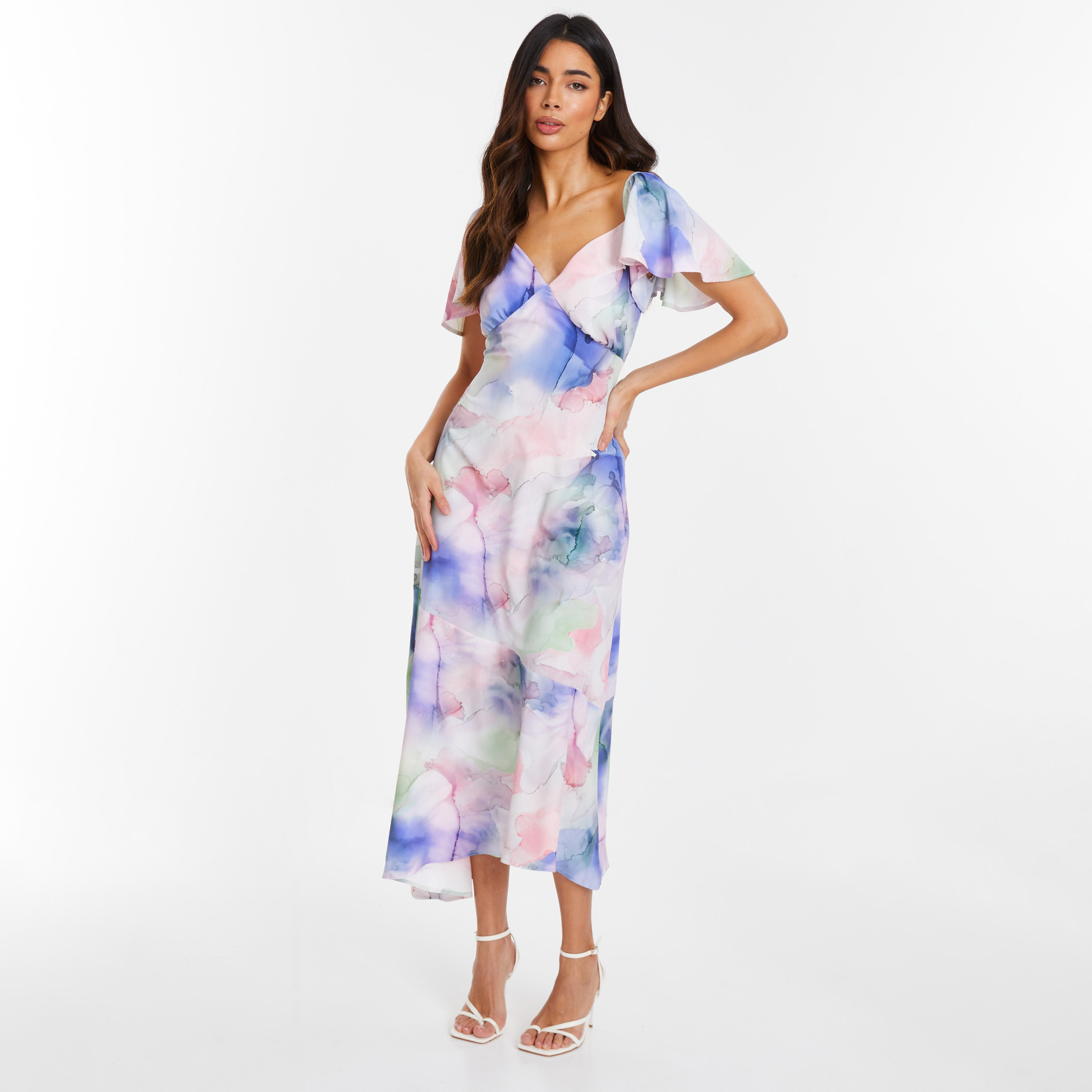 Quiz Multicolour Sweetheart Neck Angel Sleeve Abstract Print Midi Dress-women-clothing-dresses-image-1