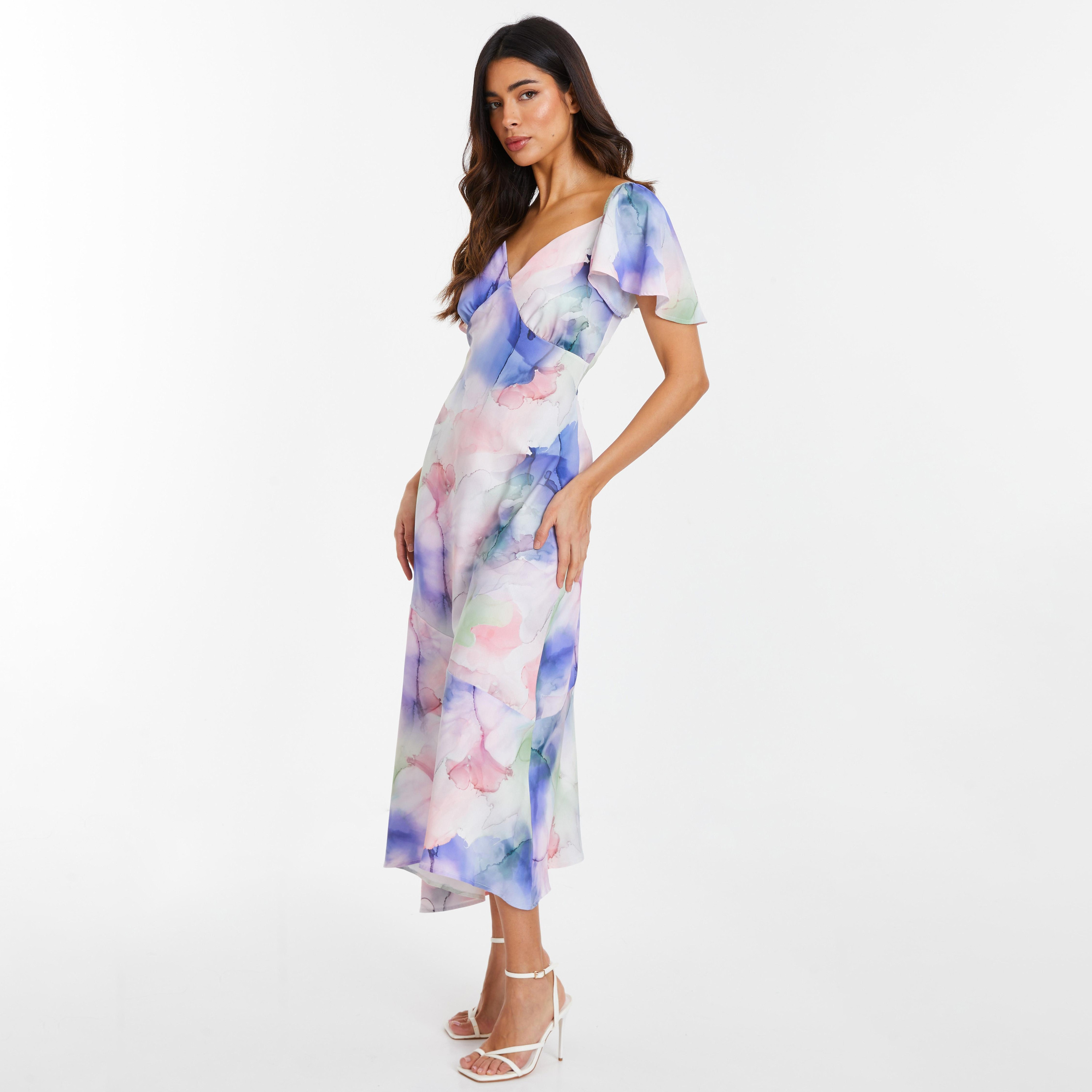 Quiz Multicolour Sweetheart Neck Angel Sleeve Abstract Print Midi Dress-women-clothing-dresses-image-2