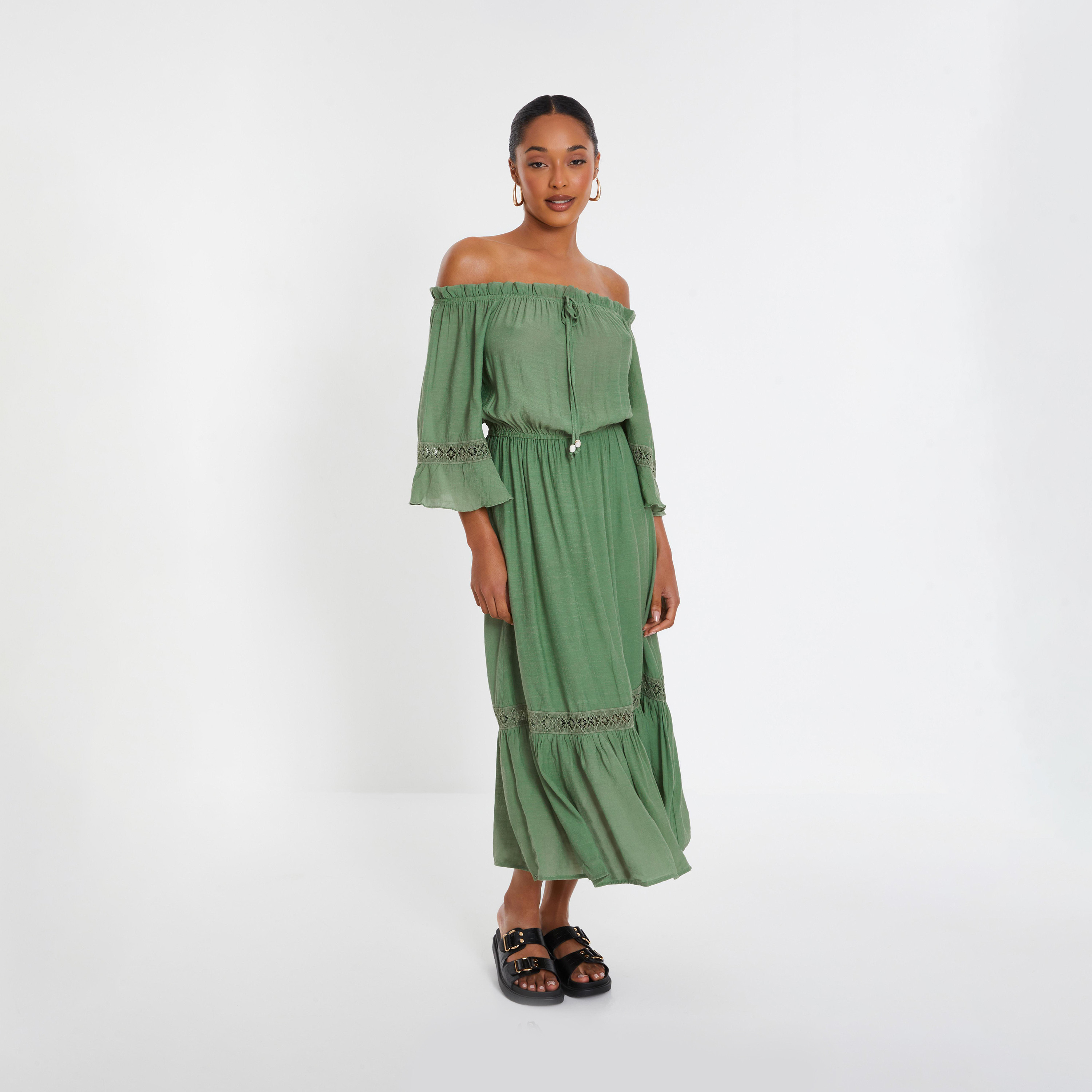 Quiz Khaki Bardot Crochet Insert Maxi Dress-women-clothing-dresses-image-1