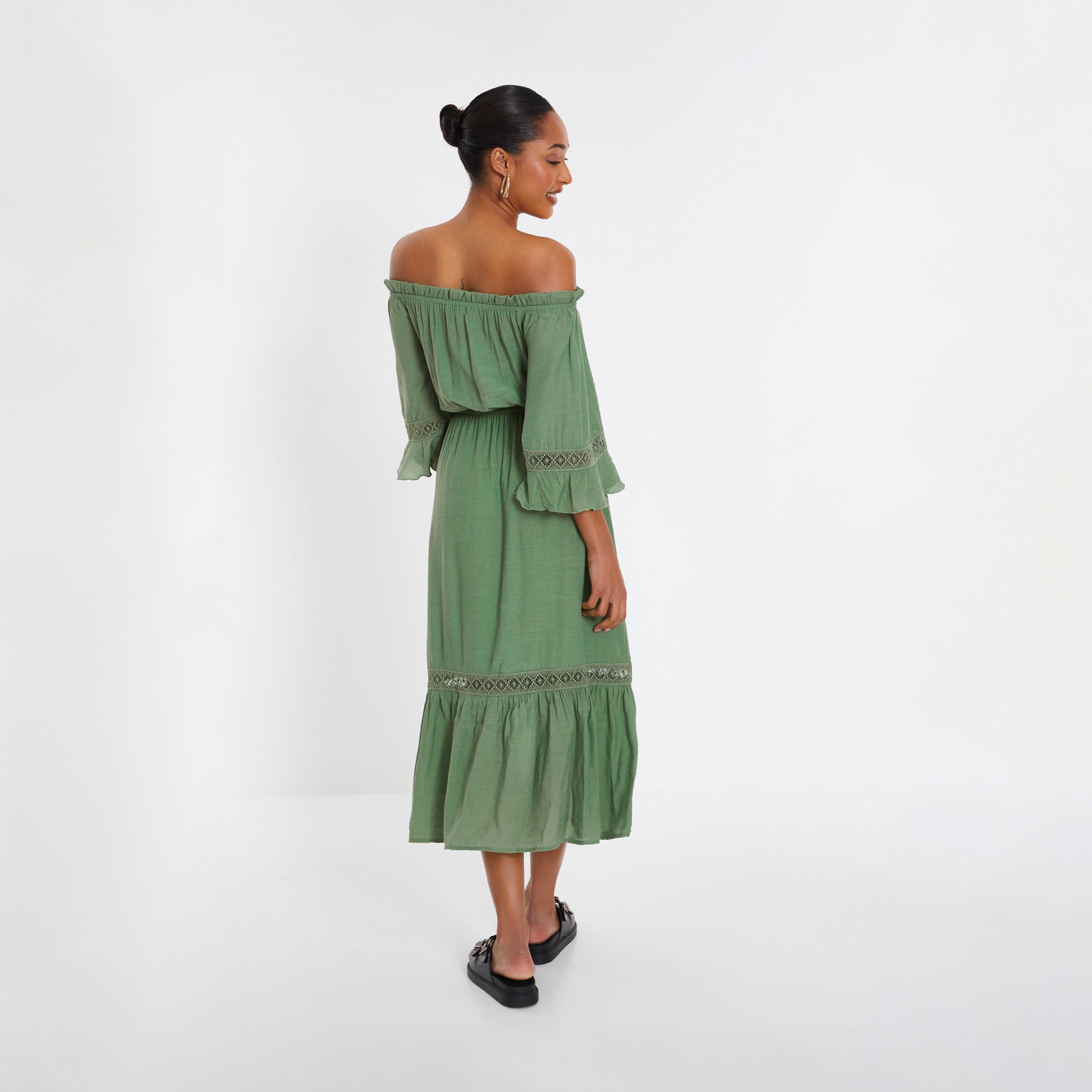 Quiz Khaki Bardot Crochet Insert Maxi Dress-women-clothing-dresses-image-2