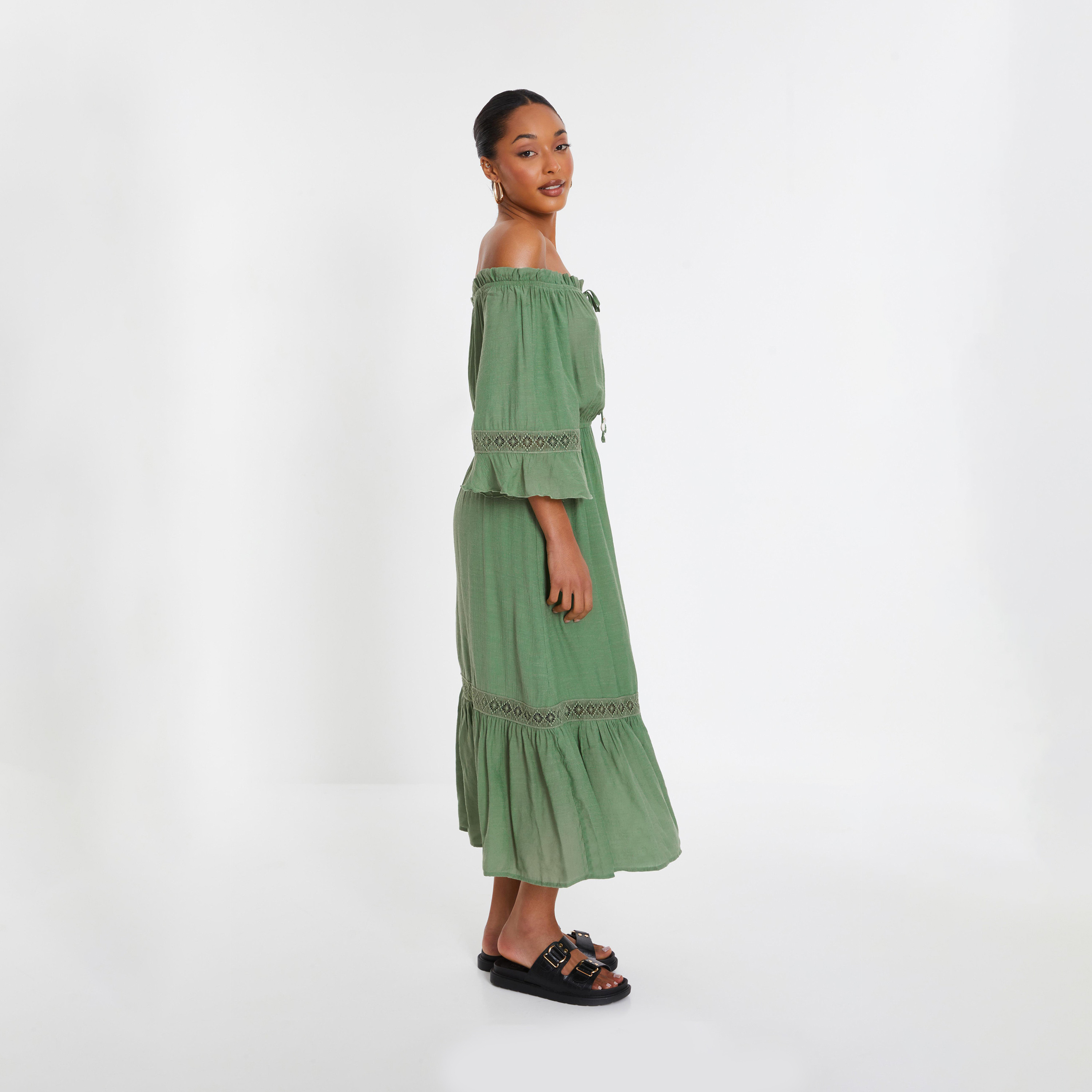 Quiz Khaki Bardot Crochet Insert Maxi Dress-women-clothing-dresses-image-3