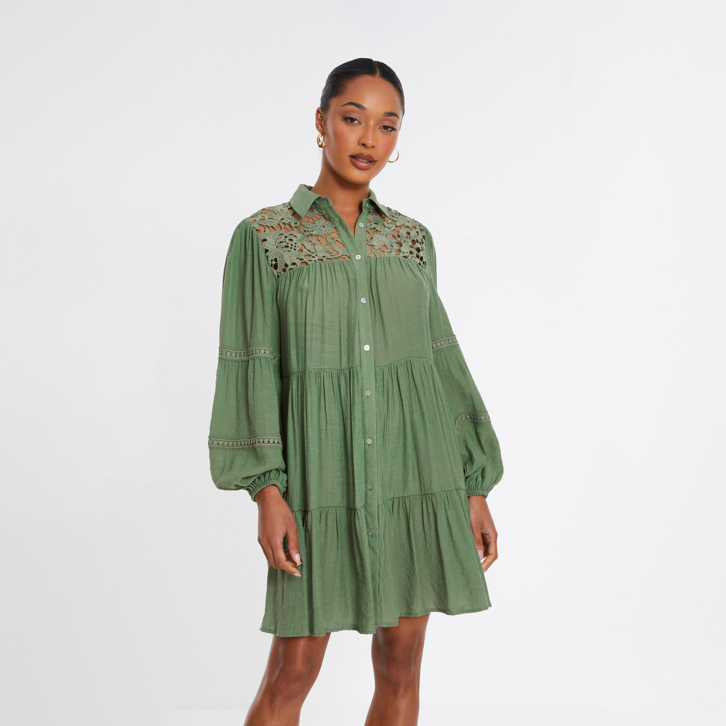 كويز- فستان قصير بحشوة كروشيه كاكي-women-clothing-dresses-image-1