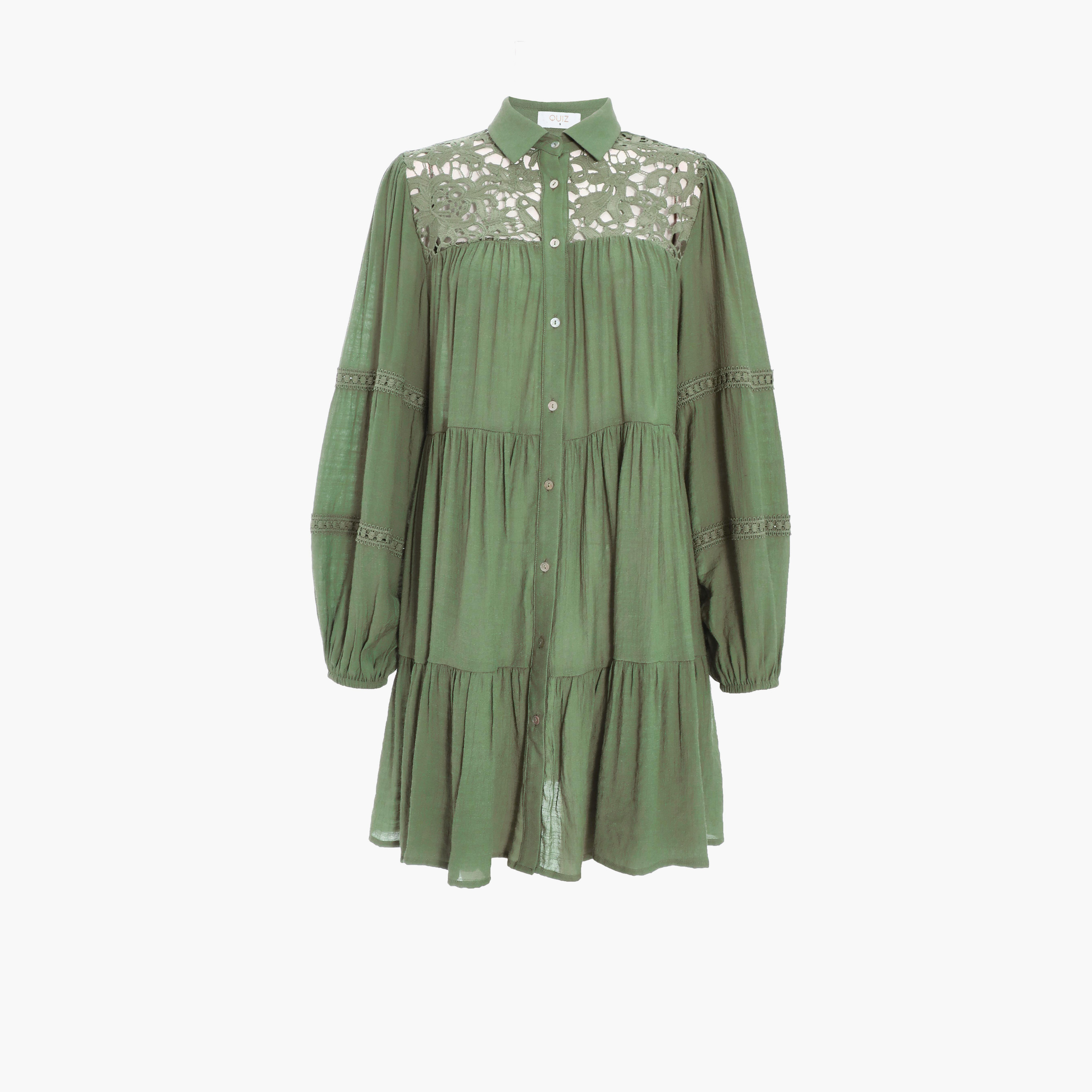 كويز- فستان قصير بحشوة كروشيه كاكي-women-clothing-dresses-image-5