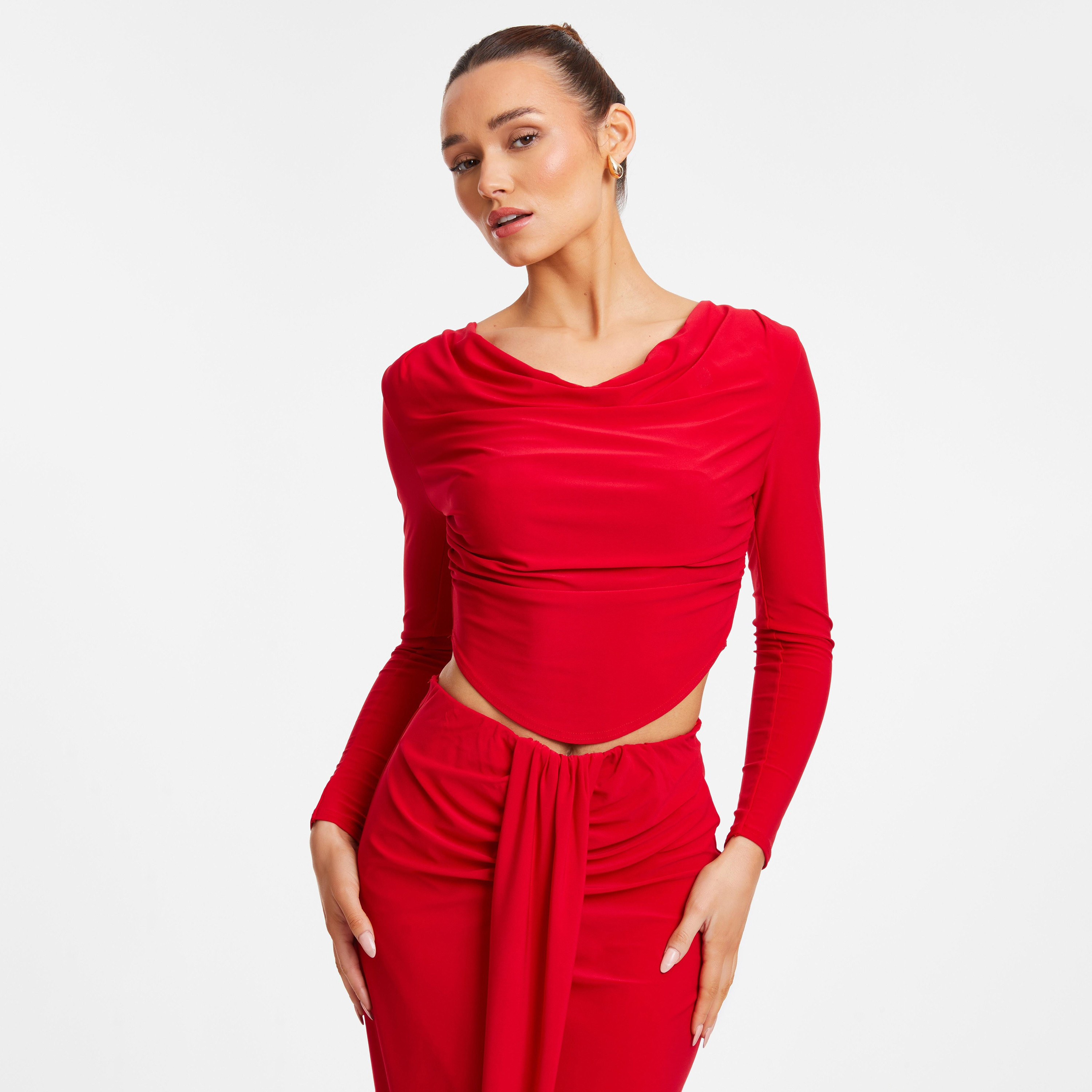 Quiz Plain Cowl Neck Long Sleeves Crop Top-women-clothing-shirtsandblouses-blouses-image-1