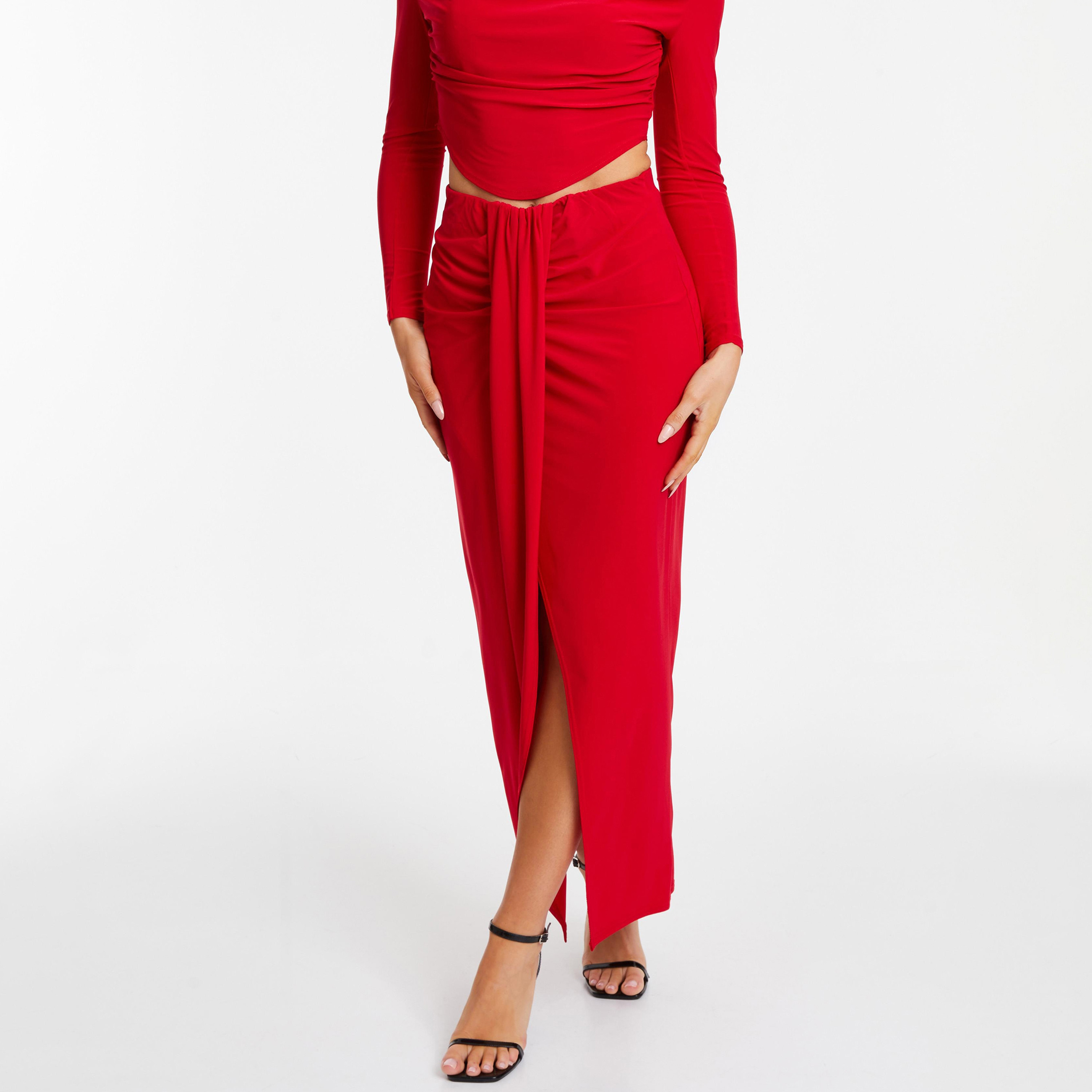تنورة ماكسي بفتحة عالية الارتفاع ذات مكشكشة من كويز-women-clothing-bottoms-skirts-image-1