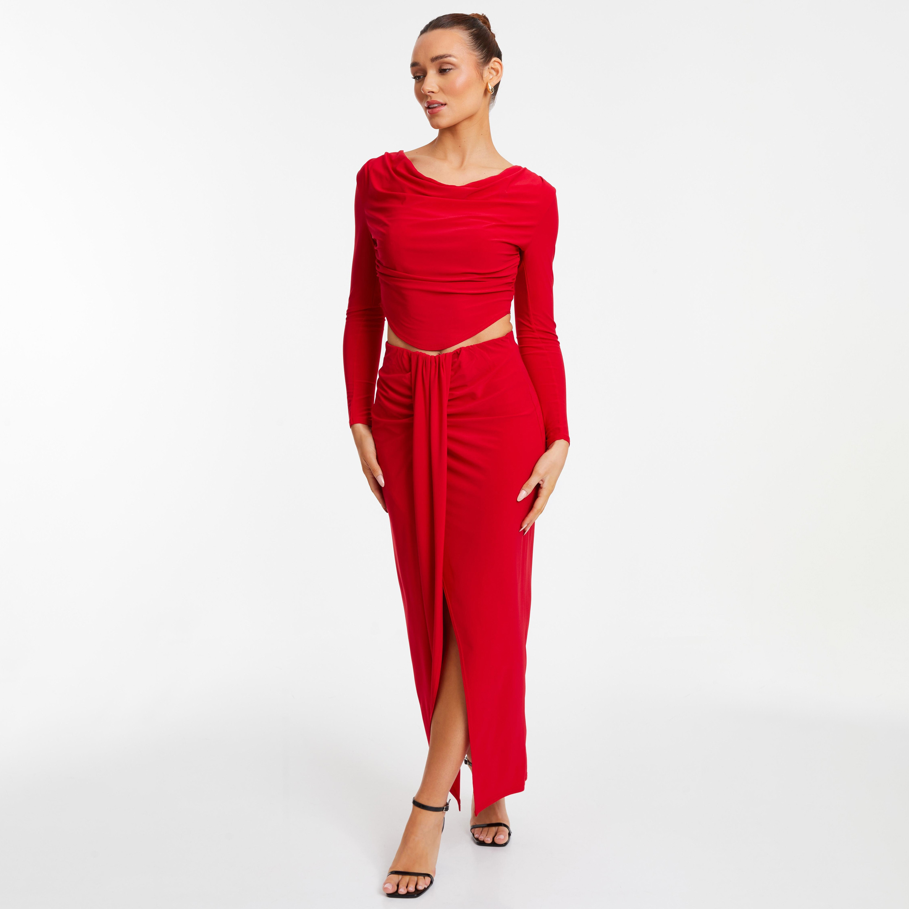 تنورة ماكسي بفتحة عالية الارتفاع ذات مكشكشة من كويز-women-clothing-bottoms-skirts-image-2