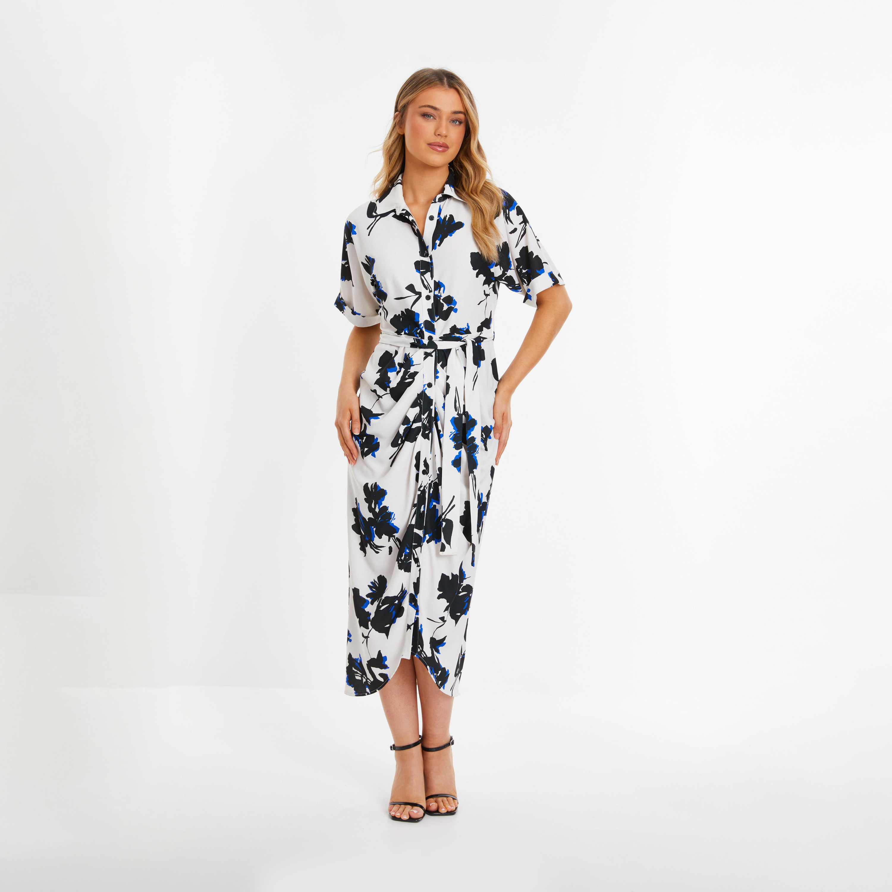 Quiz Floral Fluted Sleeve Midi Shirt Dress-women-clothing-dresses-image-1