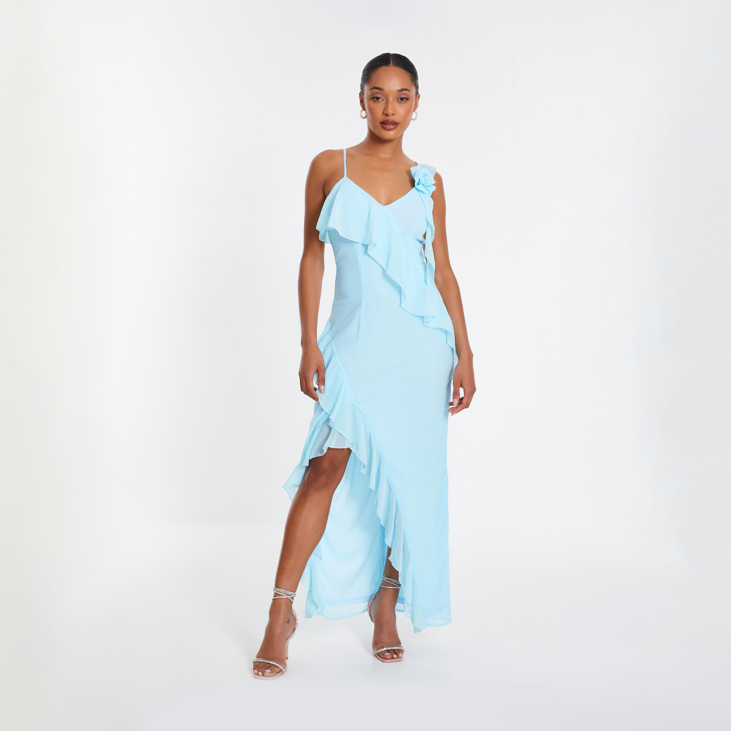 Quiz Light Blue Chiffon Frill Evening Maxi Dress -women-clothing-dresses-image-1