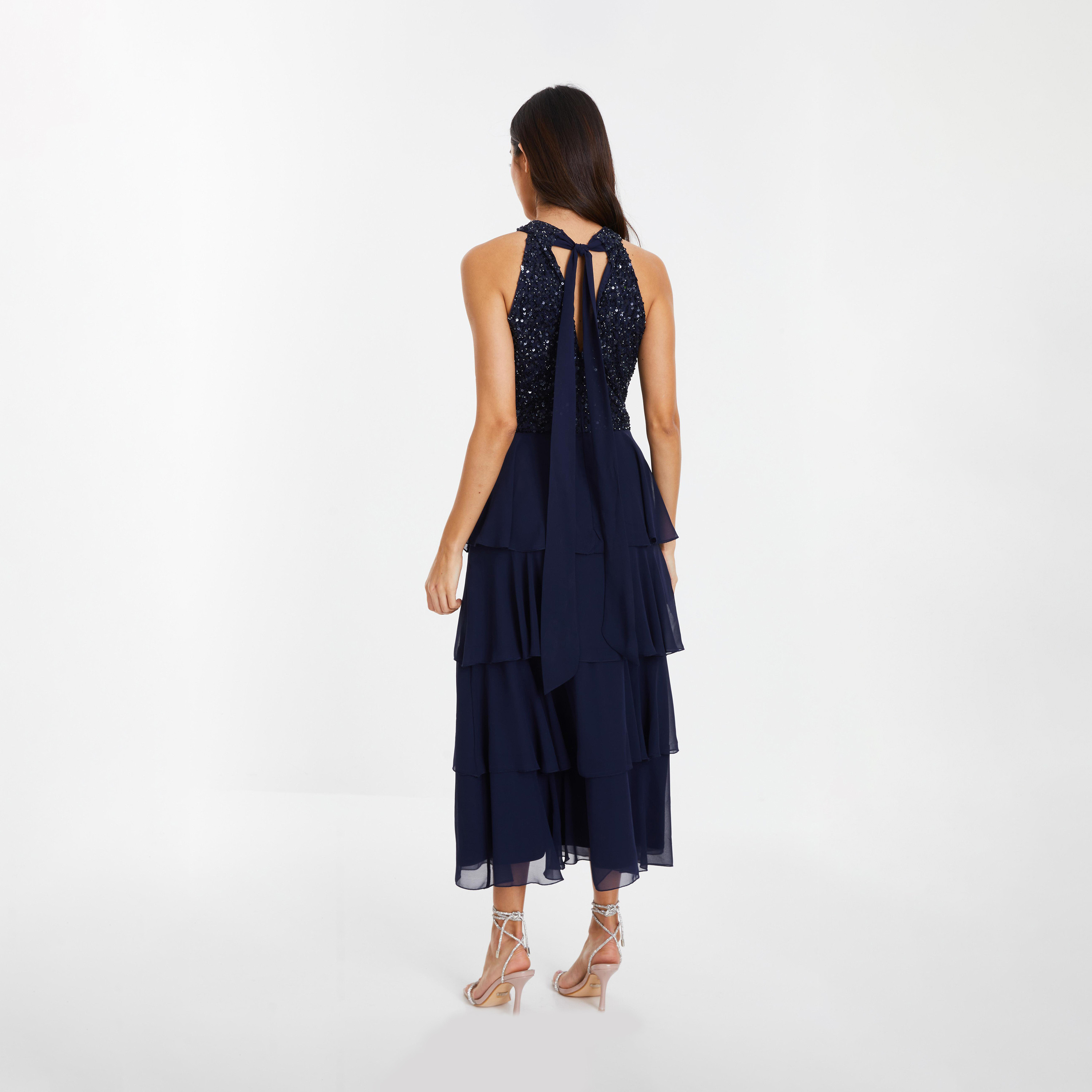 Quiz Navy Embellished Halter Neck 3 Tiered Evening Midi Dress-women-clothing-dresses-image-2