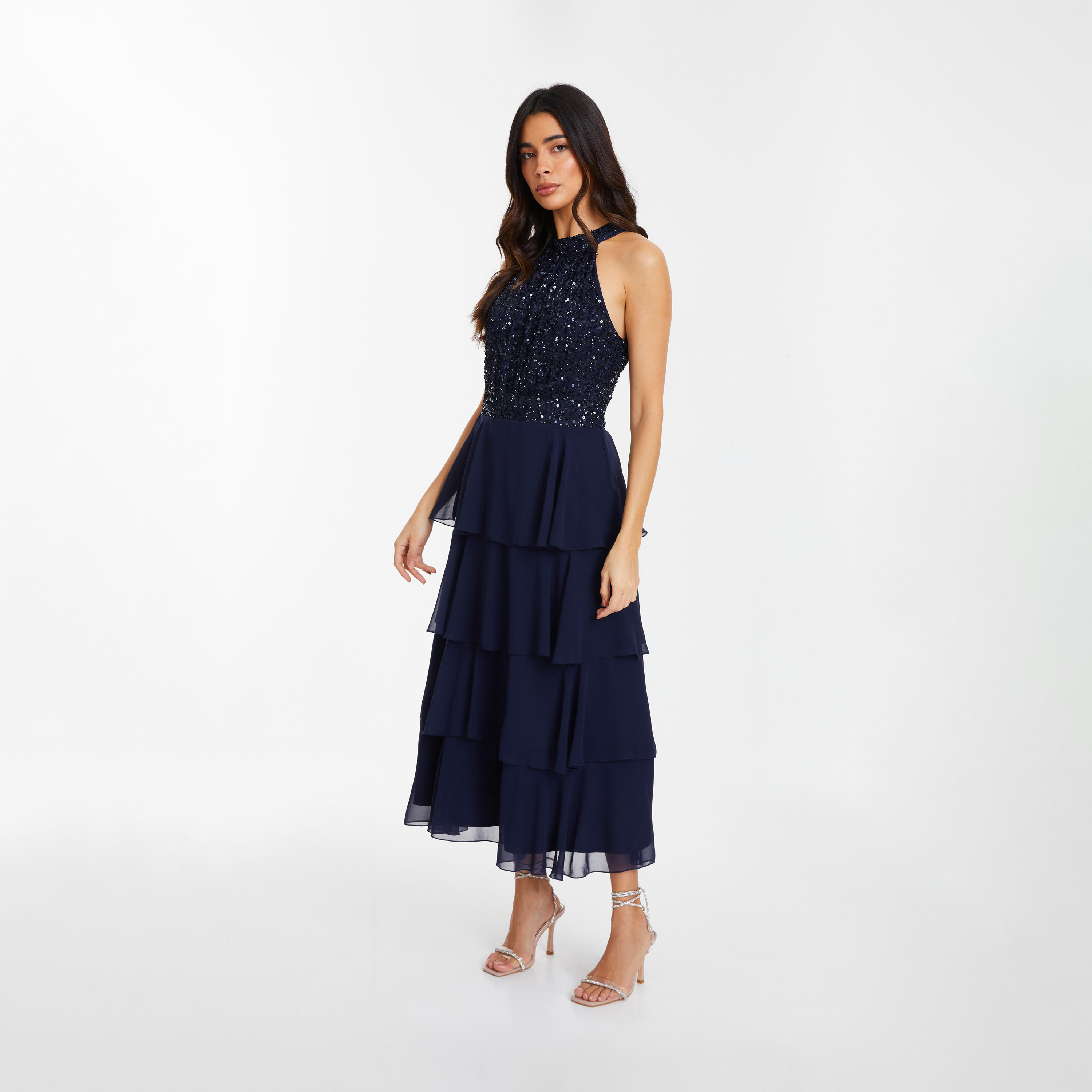 Quiz Navy Embellished Halter Neck 3 Tiered Evening Midi Dress-women-clothing-dresses-image-3