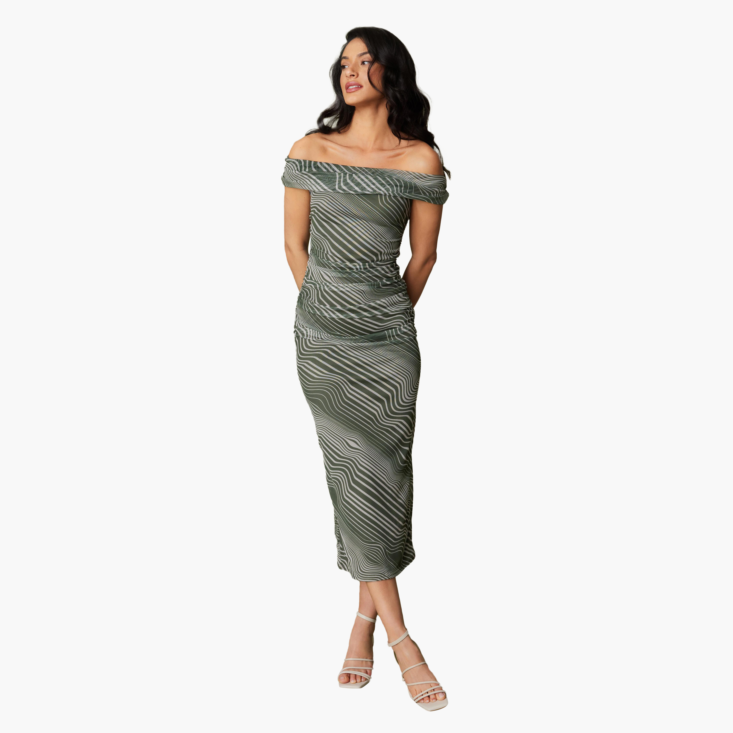 Quiz Green Bardot Neck Wavy Stripes Off Shoulder Midi Dress-women-clothing-dresses-image-1