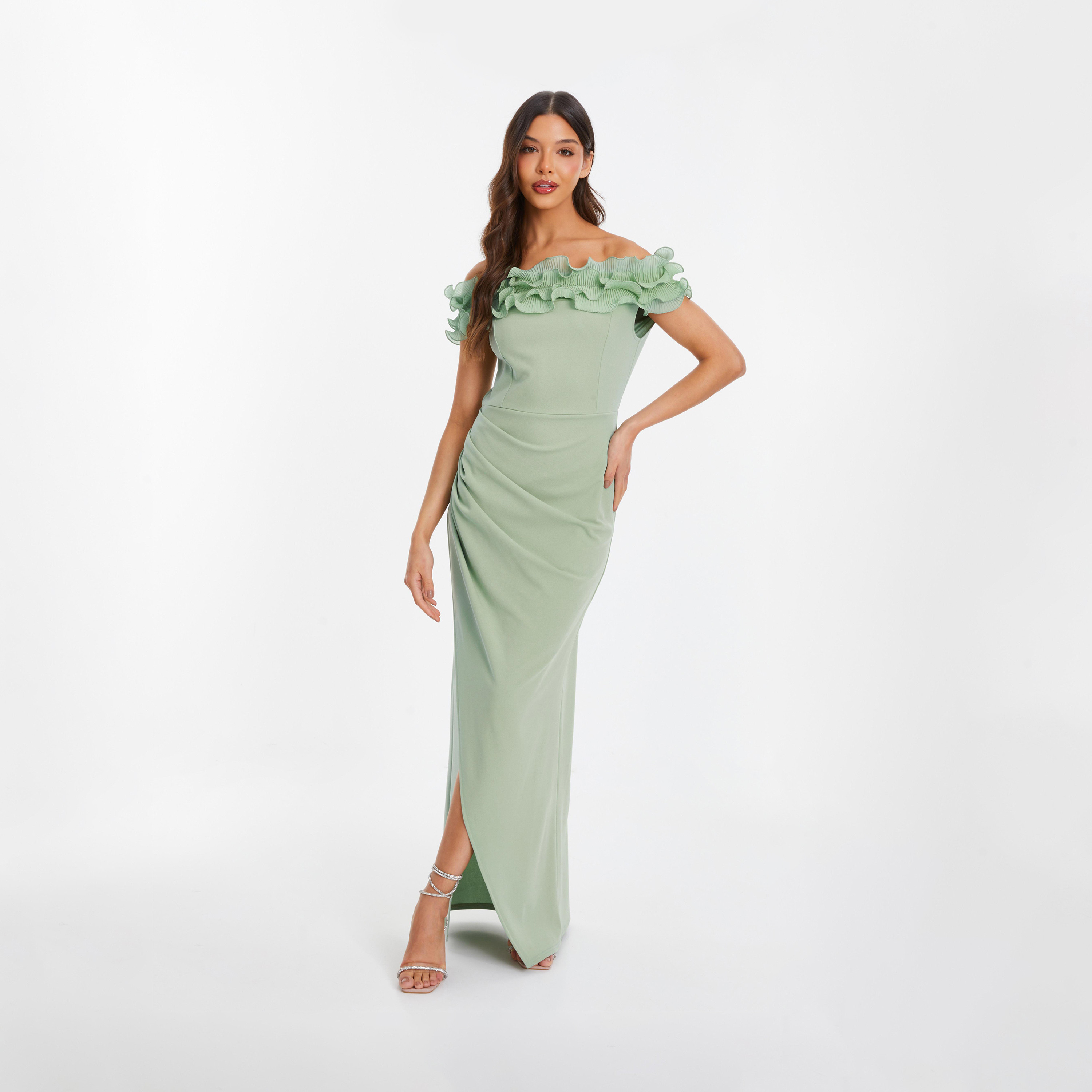 Quiz Green Scuba Crepe Ruffled Bardot Evening Maxi Dress-women-clothing-dresses-image-1