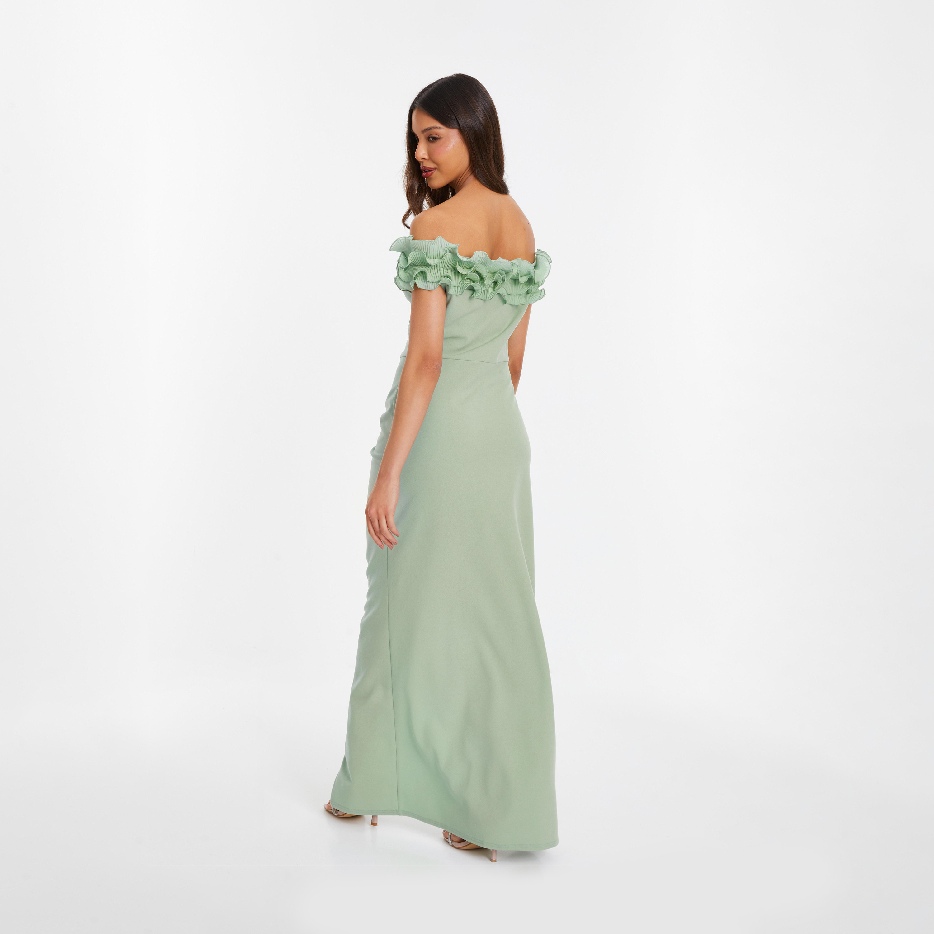 Quiz Green Scuba Crepe Ruffled Bardot Evening Maxi Dress-women-clothing-dresses-image-2
