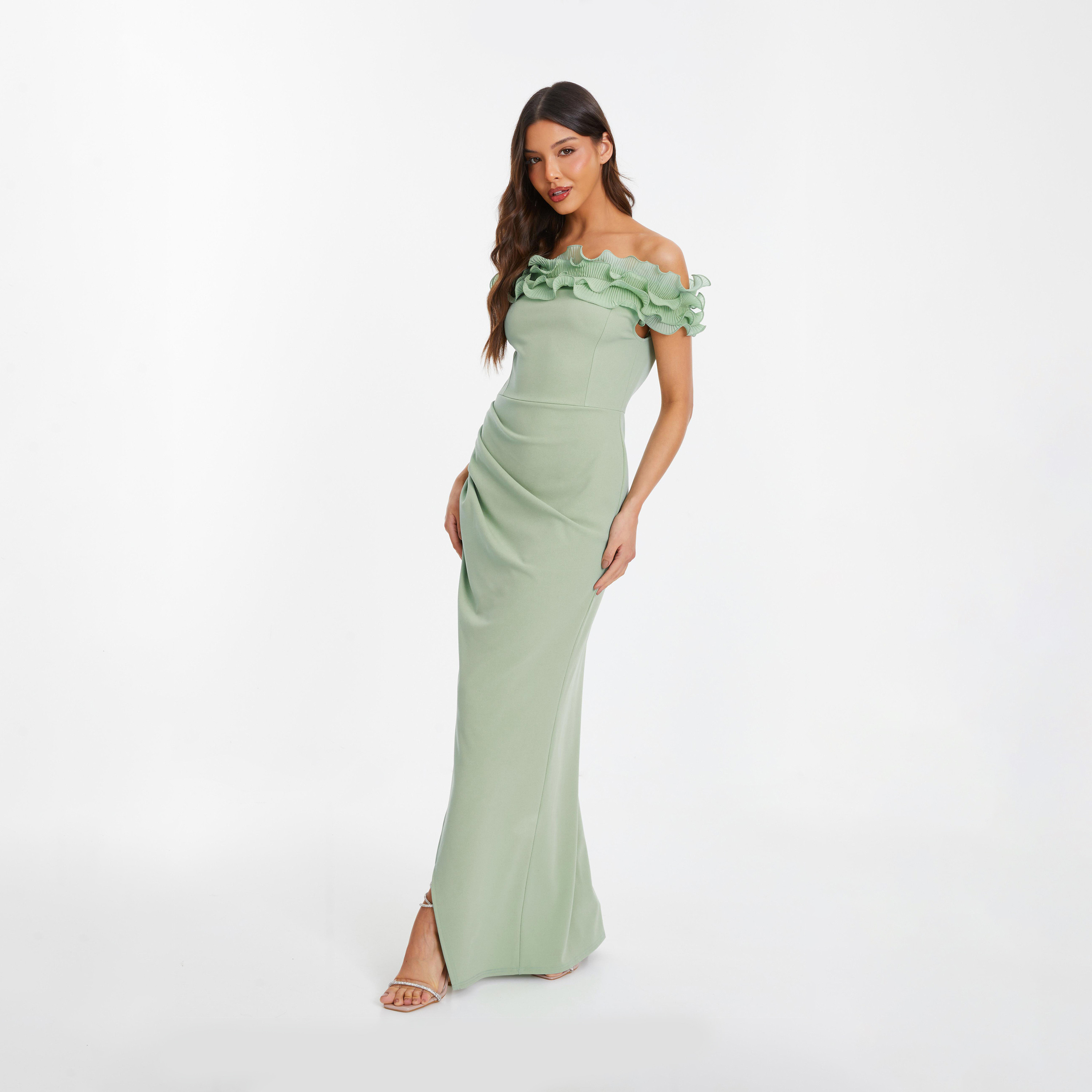 Quiz Green Scuba Crepe Ruffled Bardot Evening Maxi Dress-women-clothing-dresses-image-3
