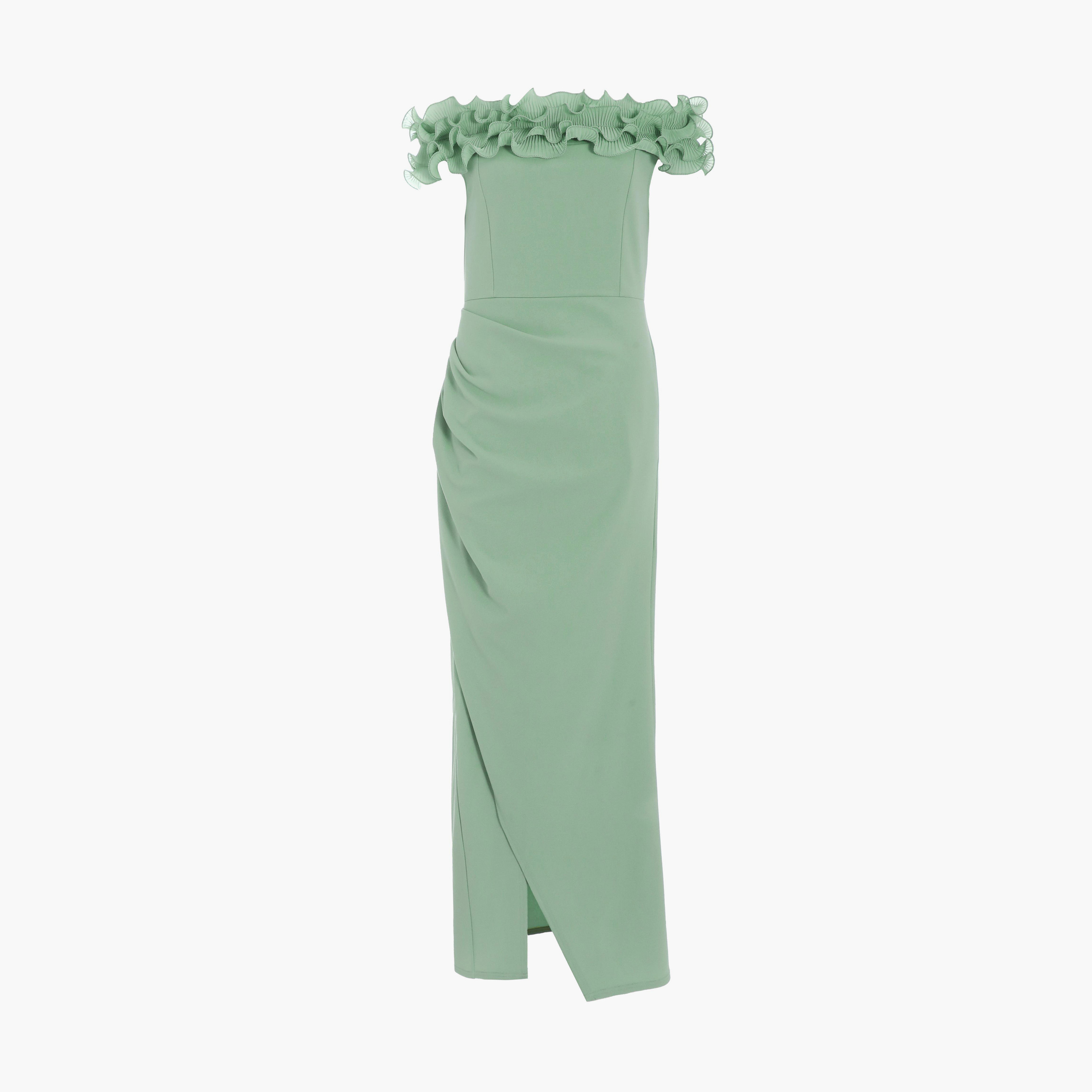 Quiz Green Scuba Crepe Ruffled Bardot Evening Maxi Dress-women-clothing-dresses-image-6