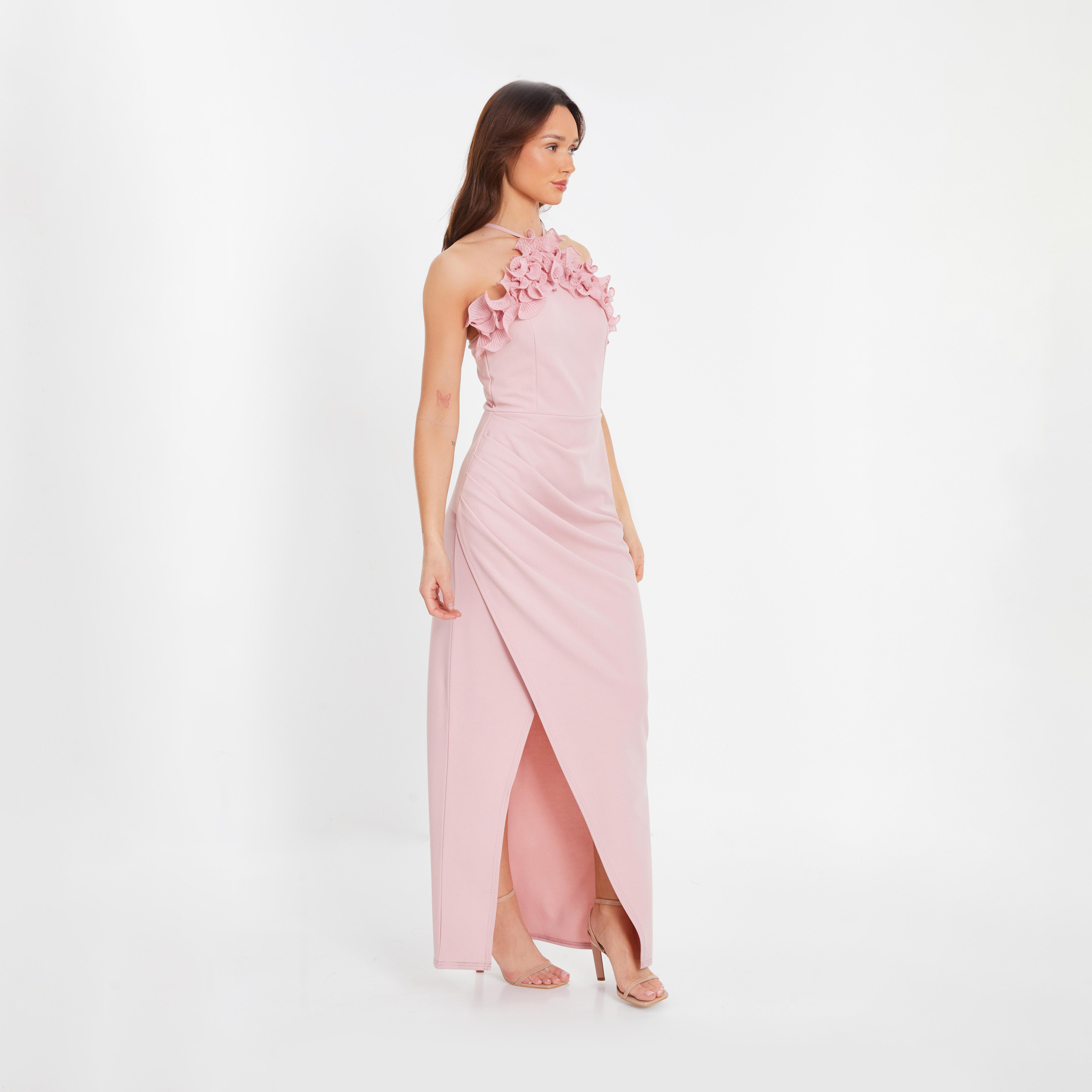 كويز- فستان سهرة ماكسي لون الوردي من كريب وكشكشة وتصميم رقبة تربط حول العنق -women-clothing-dresses-image-1