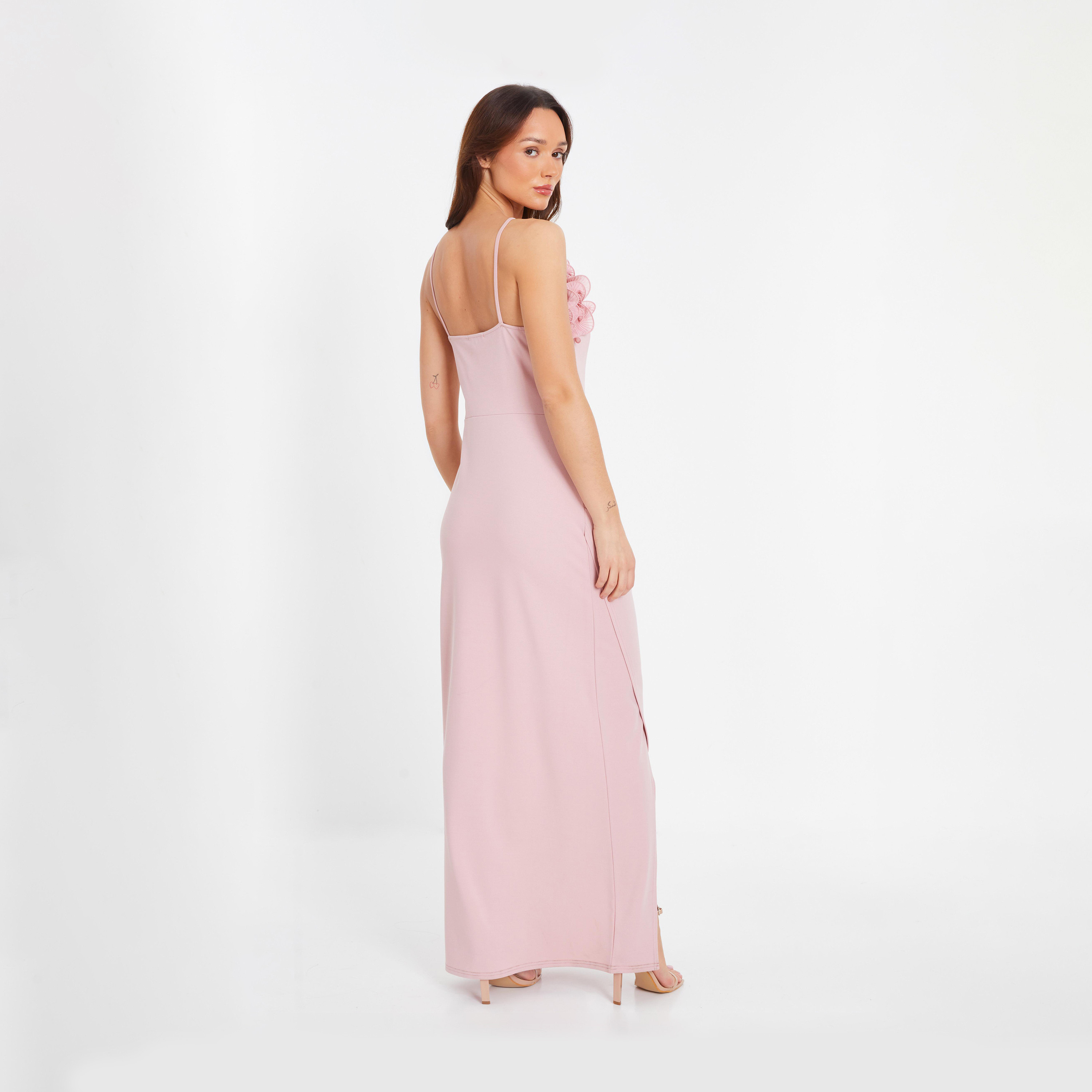 كويز- فستان سهرة ماكسي لون الوردي من كريب وكشكشة وتصميم رقبة تربط حول العنق -women-clothing-dresses-image-2