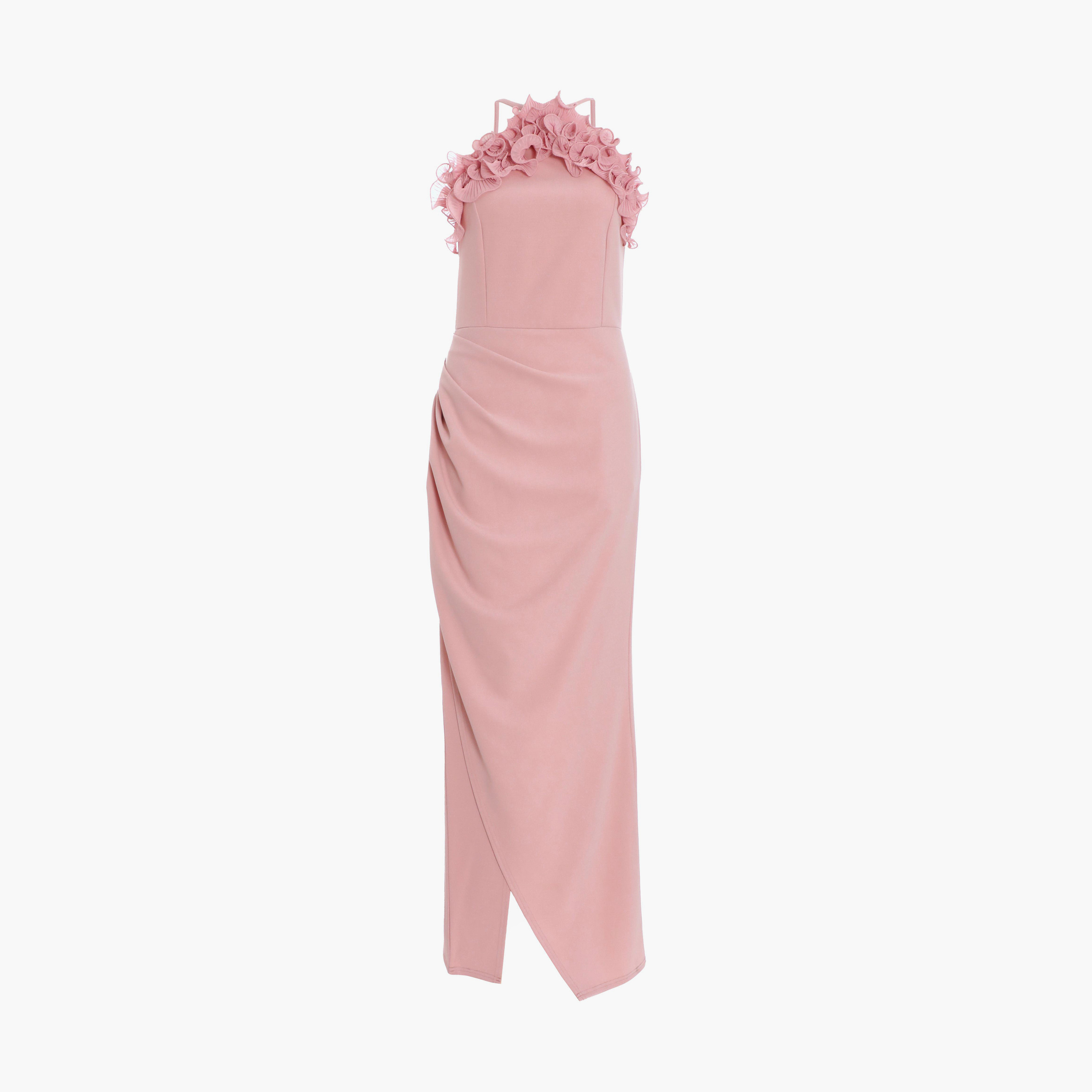 Quiz Pink Scuba Crepe Ruffle Halter Neck Evening Maxi Dress-women-clothing-dresses-image-4