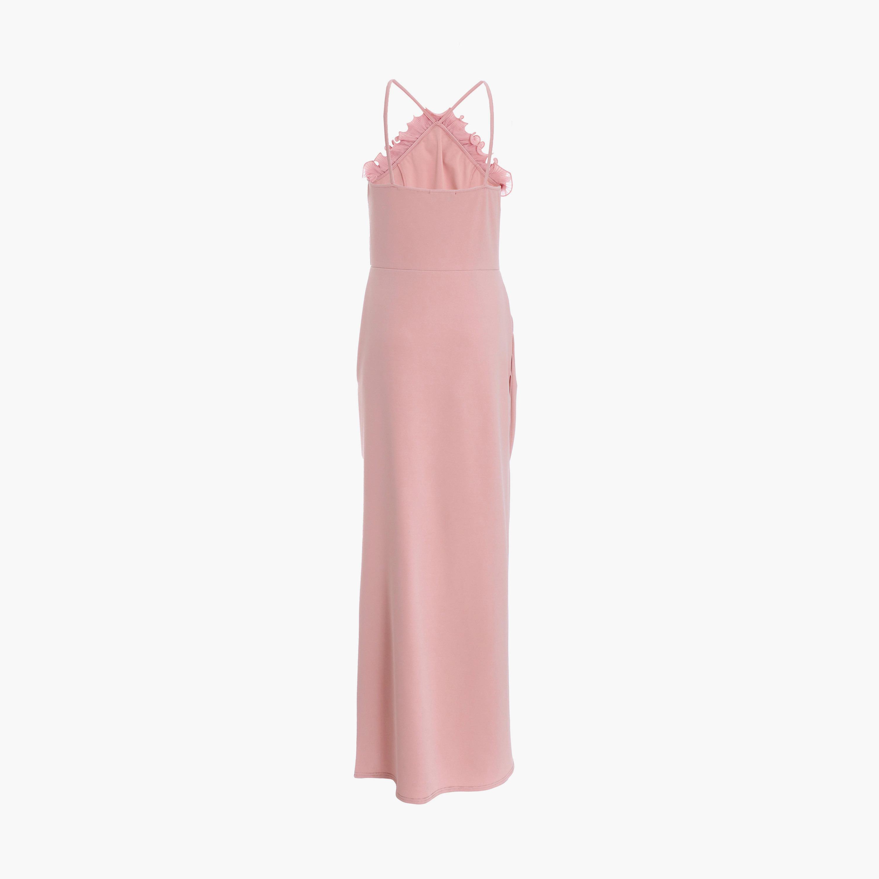 كويز- فستان سهرة ماكسي لون الوردي من كريب وكشكشة وتصميم رقبة تربط حول العنق -women-clothing-dresses-image-5