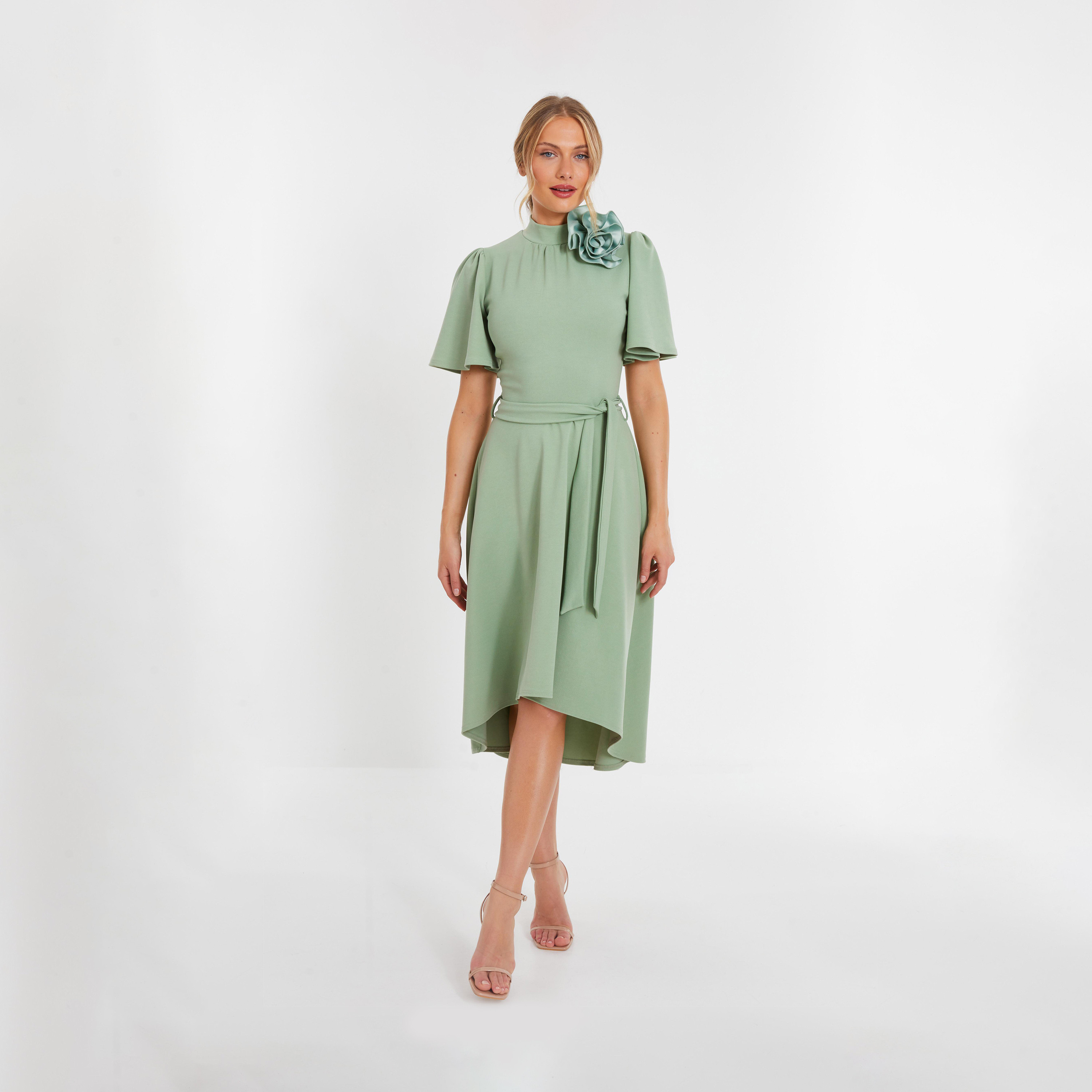 كويز- فستان متوسط ​​الطول بحاشية متدلية على شكل زهرة لون أخضر -women-clothing-dresses-image-1
